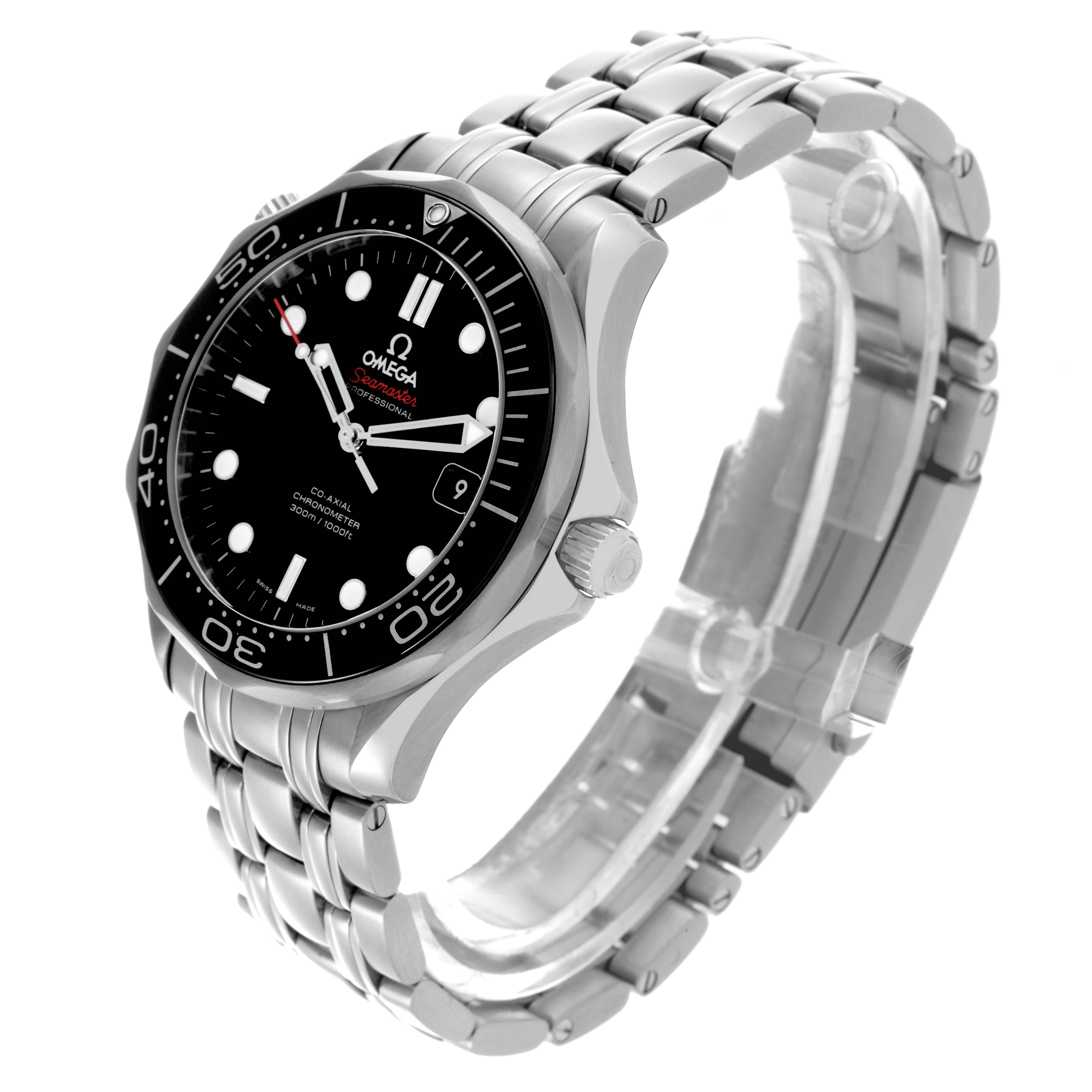 The Omega Seamaster 212.30.41.20.01.003 Men
s Stainless Steel Black Dial 212.30.41.20.01.003 Men
s Stainless Steel Black Dial watch is shown at a tilted angle, highlighting the face, bezel, crown, and bracelet.