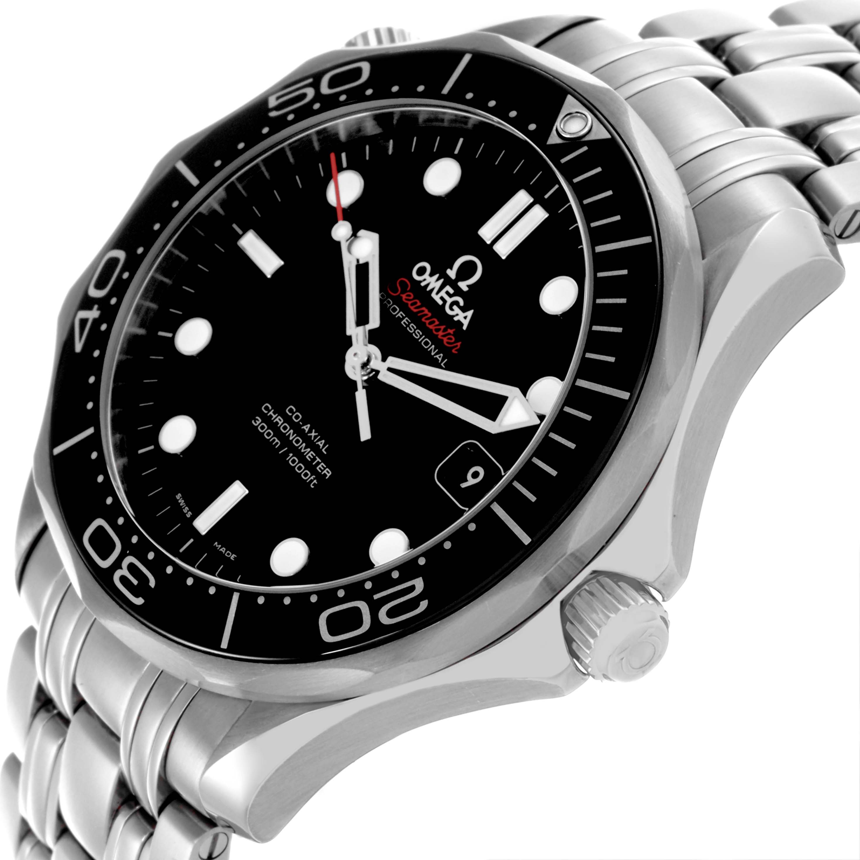 The Omega Seamaster 212.30.41.20.01.003 Men
s Stainless Steel Black Dial 212.30.41.20.01.003 Men
s Stainless Steel Black Dial watch is shown from a front-left angle, displaying the dial, bezel, bracelet, and crown.
