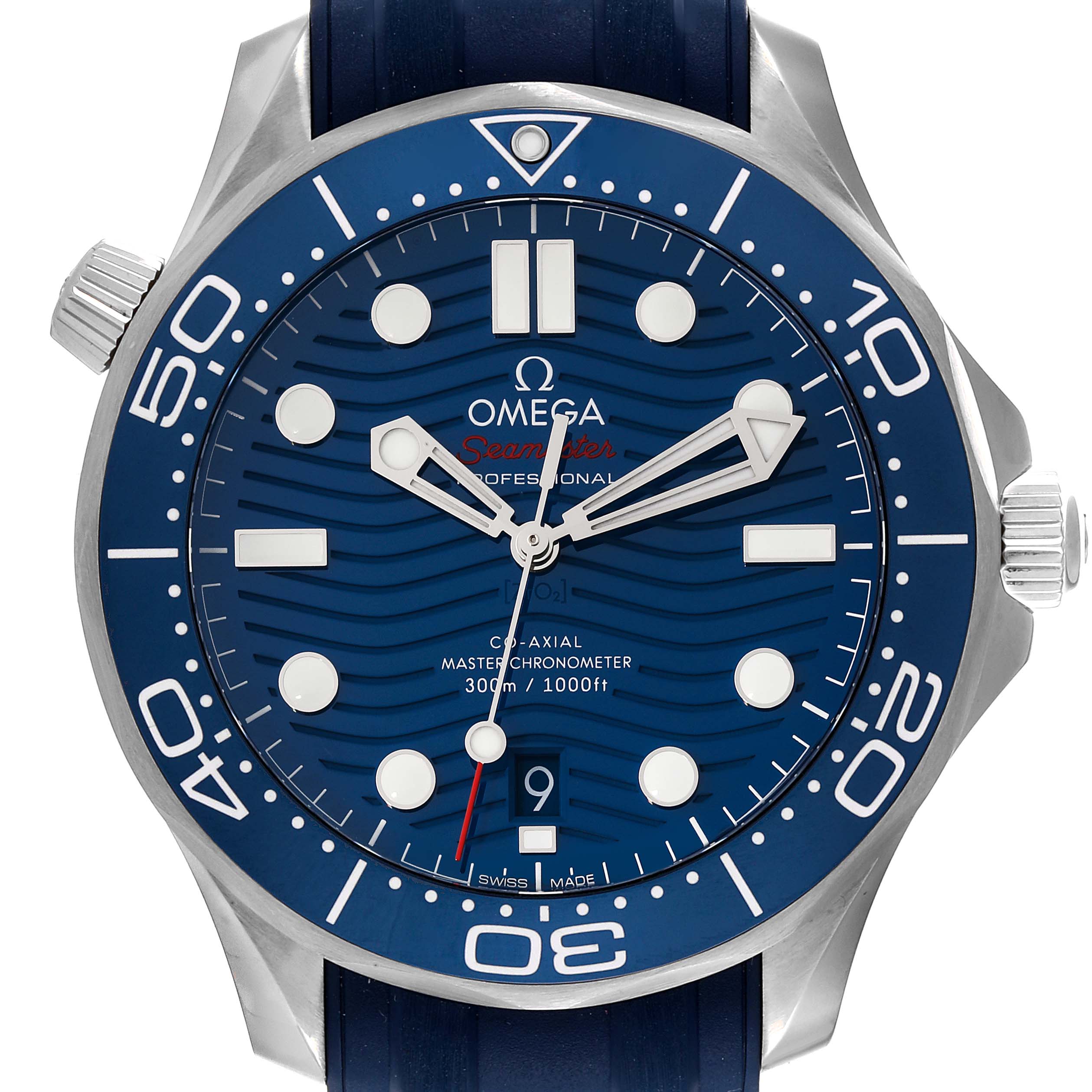 This image shows the face of the Omega Seamaster 210.32.42.20.03.001 Men's Stainless Steel Blue Dial 210.32.42.20.03.001 Men's Stainless Steel Blue Dial watch from a front angle, highlighting the bezel, dial, and hands.
