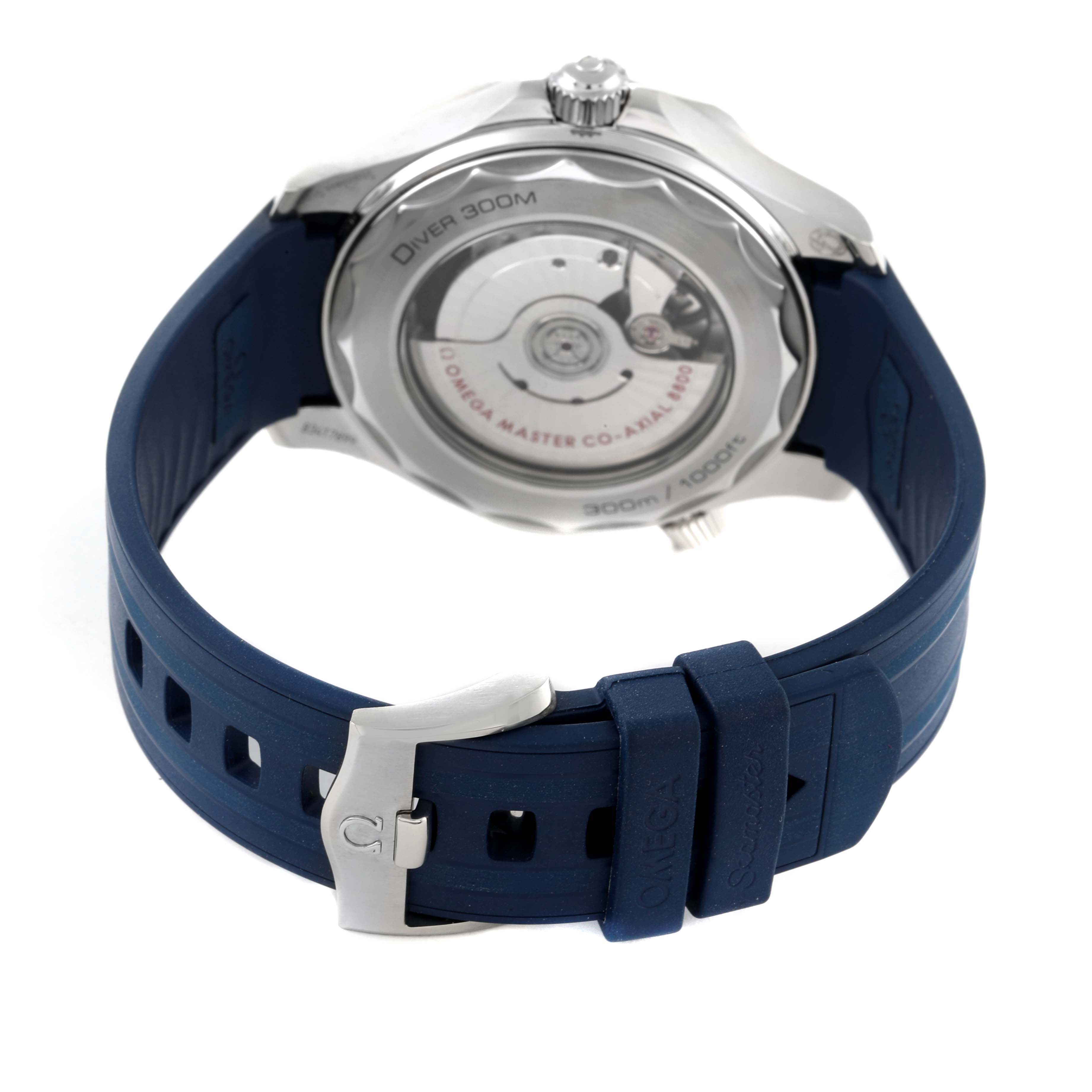 The image shows the back and strap of an Omega Seamaster 210.32.42.20.03.001 Men's Stainless Steel Blue Dial 210.32.42.20.03.001 Men's Stainless Steel Blue Dial watch, highlighting the movement through the transparent case back.