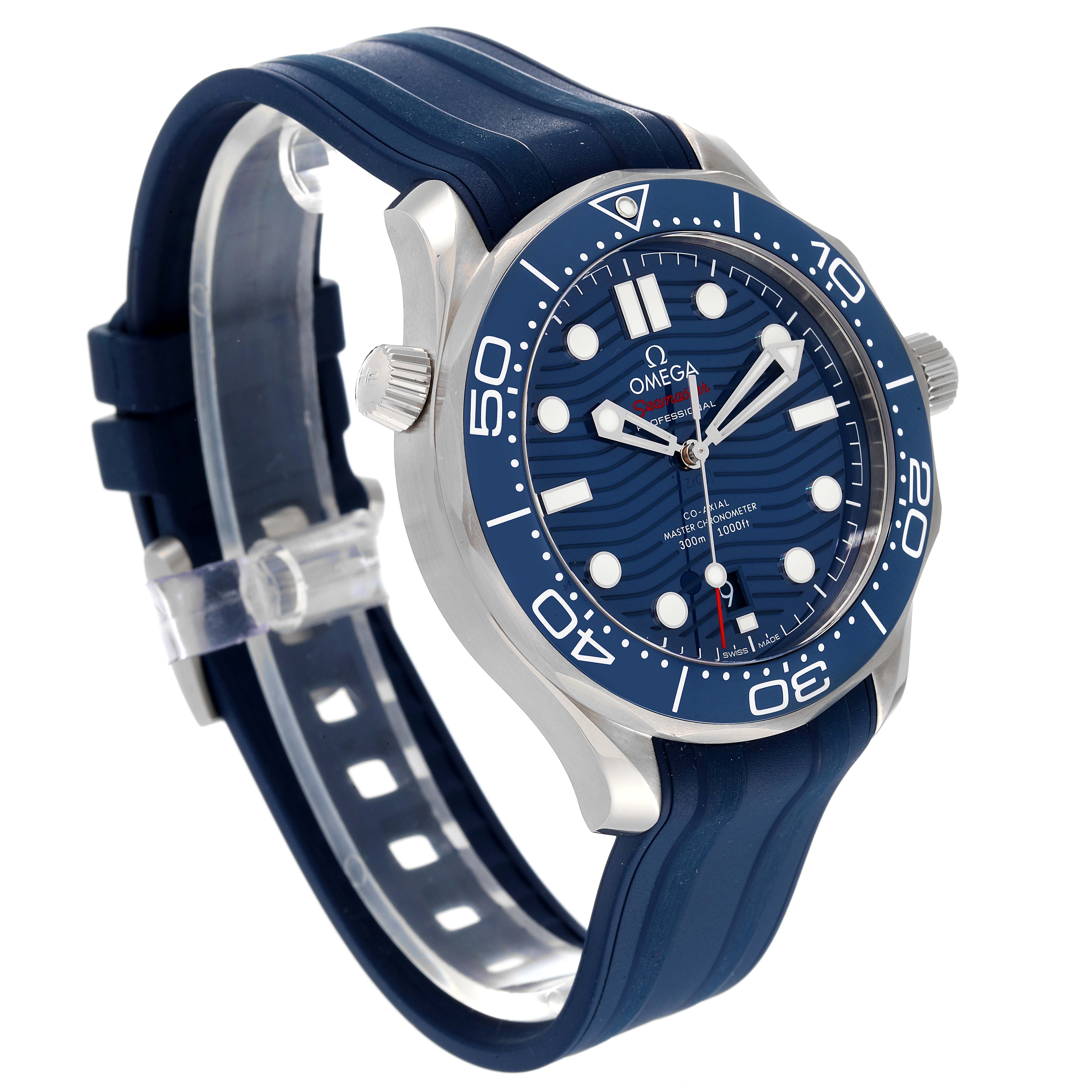 This image shows the Omega Seamaster 210.32.42.20.03.001 Men's Stainless Steel Blue Dial 210.32.42.20.03.001 Men's Stainless Steel Blue Dial watch at a slight angle, highlighting its blue dial, bezel, and strap, along with the crown.