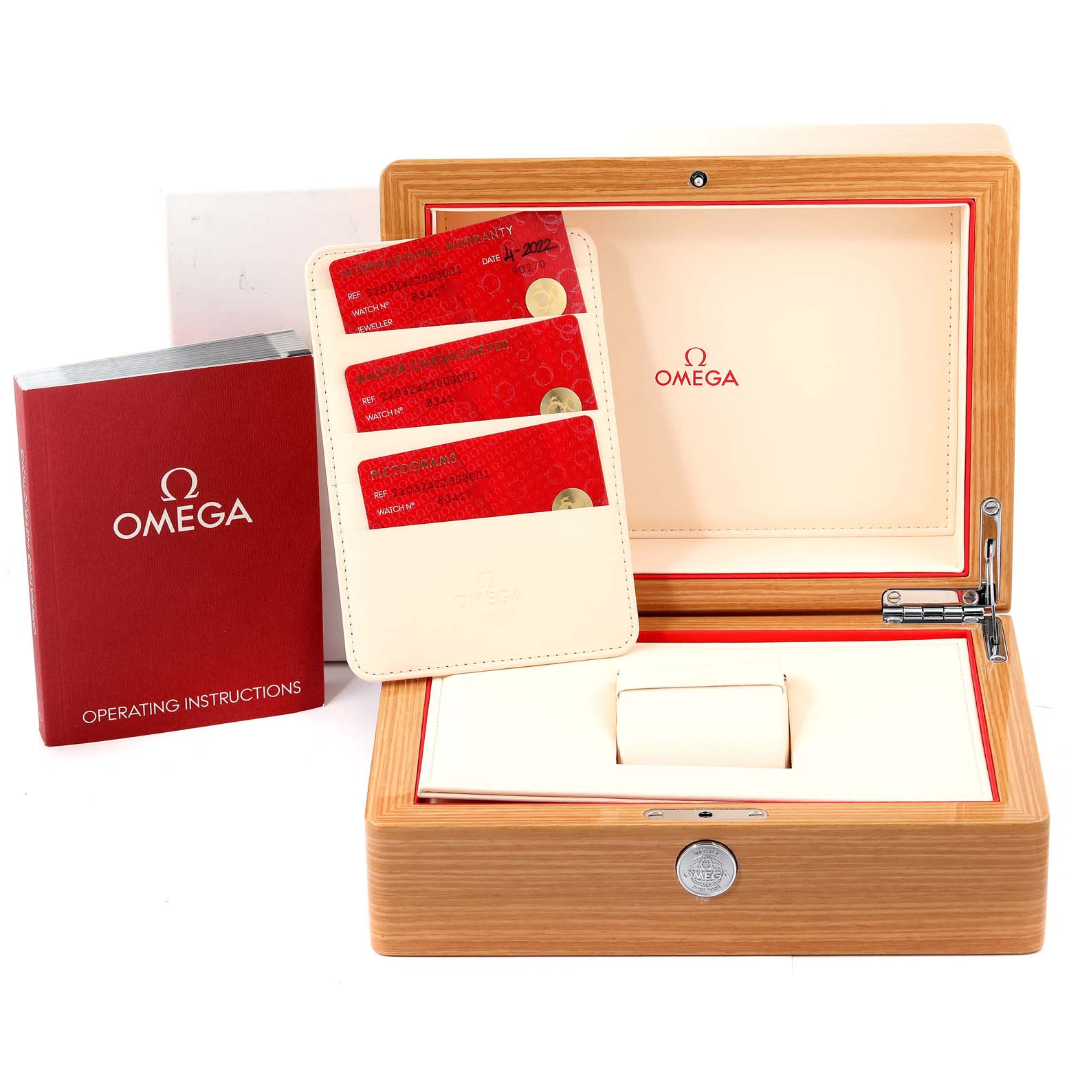 This is the presentation case and accessories for the Omega Seamaster 210.32.42.20.03.001 Men's Stainless Steel Blue Dial 210.32.42.20.03.001 Men's Stainless Steel Blue Dial, including operating instructions and warranty cards.