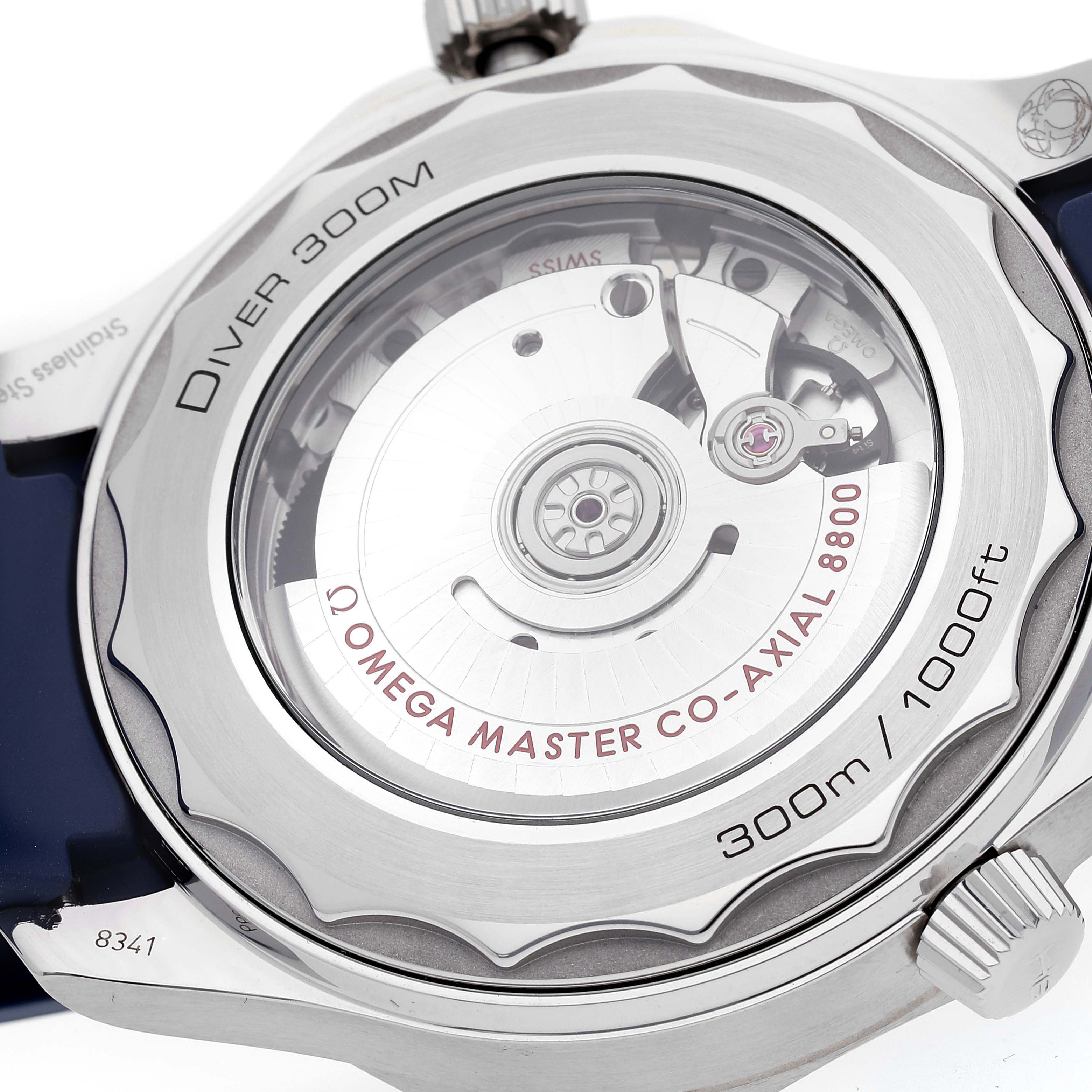 This image shows the case back of an Omega Seamaster 210.32.42.20.03.001 Men's Stainless Steel Blue Dial 210.32.42.20.03.001 Men's Stainless Steel Blue Dial watch, displaying the movement and specifications like depth rating and model.