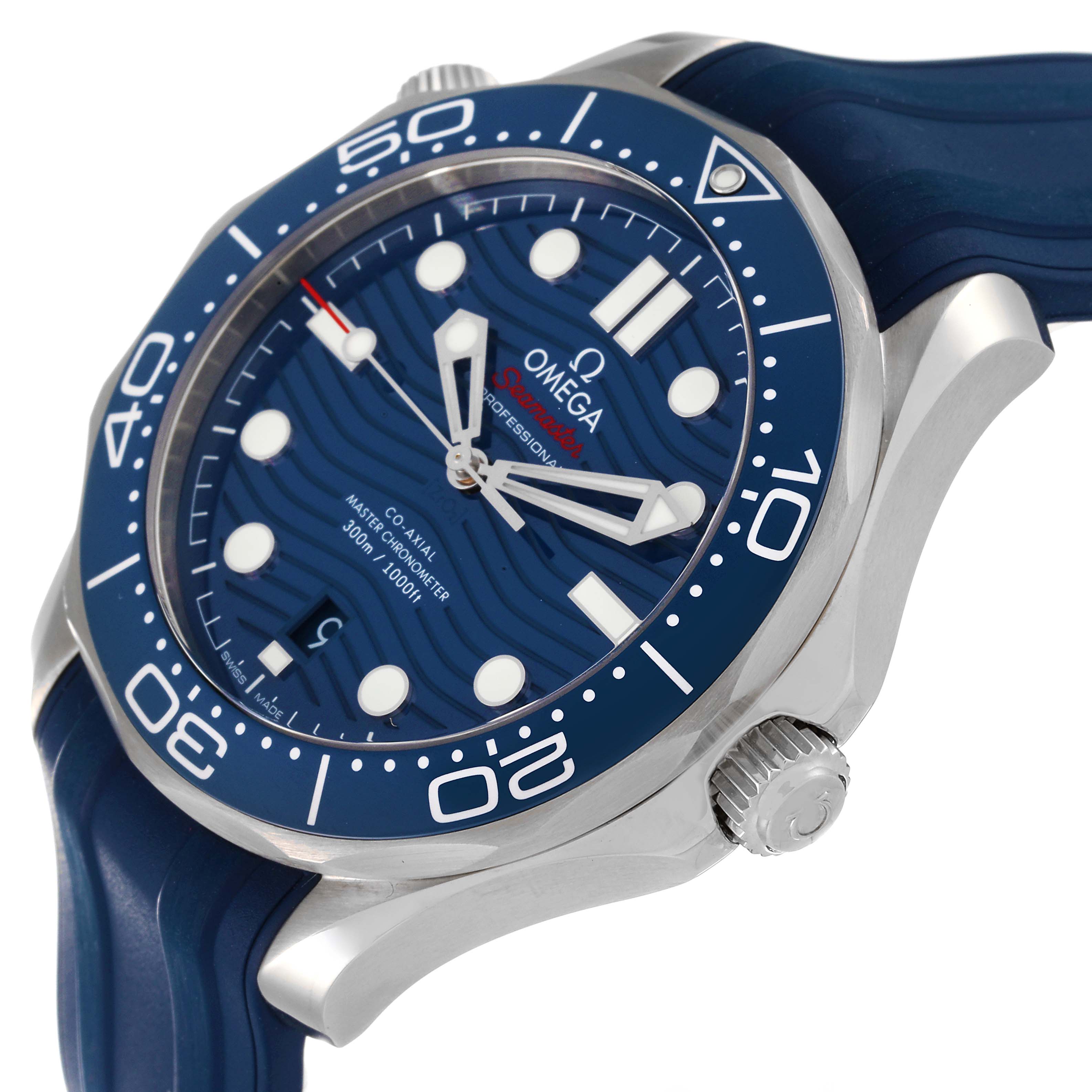 This image shows a close-up, angled view of an Omega Seamaster 210.32.42.20.03.001 Men's Stainless Steel Blue Dial 210.32.42.20.03.001 Men's Stainless Steel Blue Dial watch, highlighting its bezel, dial, and crown.