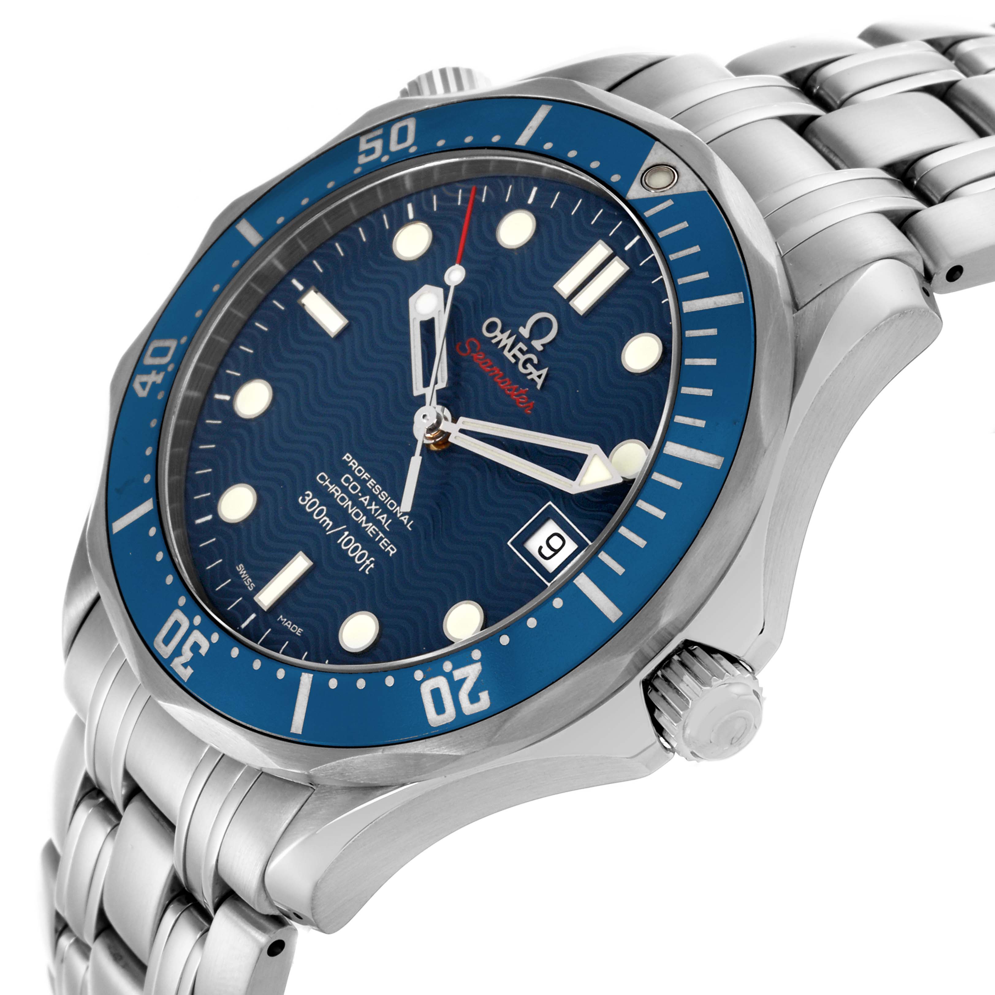 The Omega Seamaster 2220.80.00 Men
s Stainless Steel Blue Dial 2220.80.00 Men
s Stainless Steel Blue Dial watch is shown at an angle highlighting the case, bezel, crown, bracelet, and dial details.