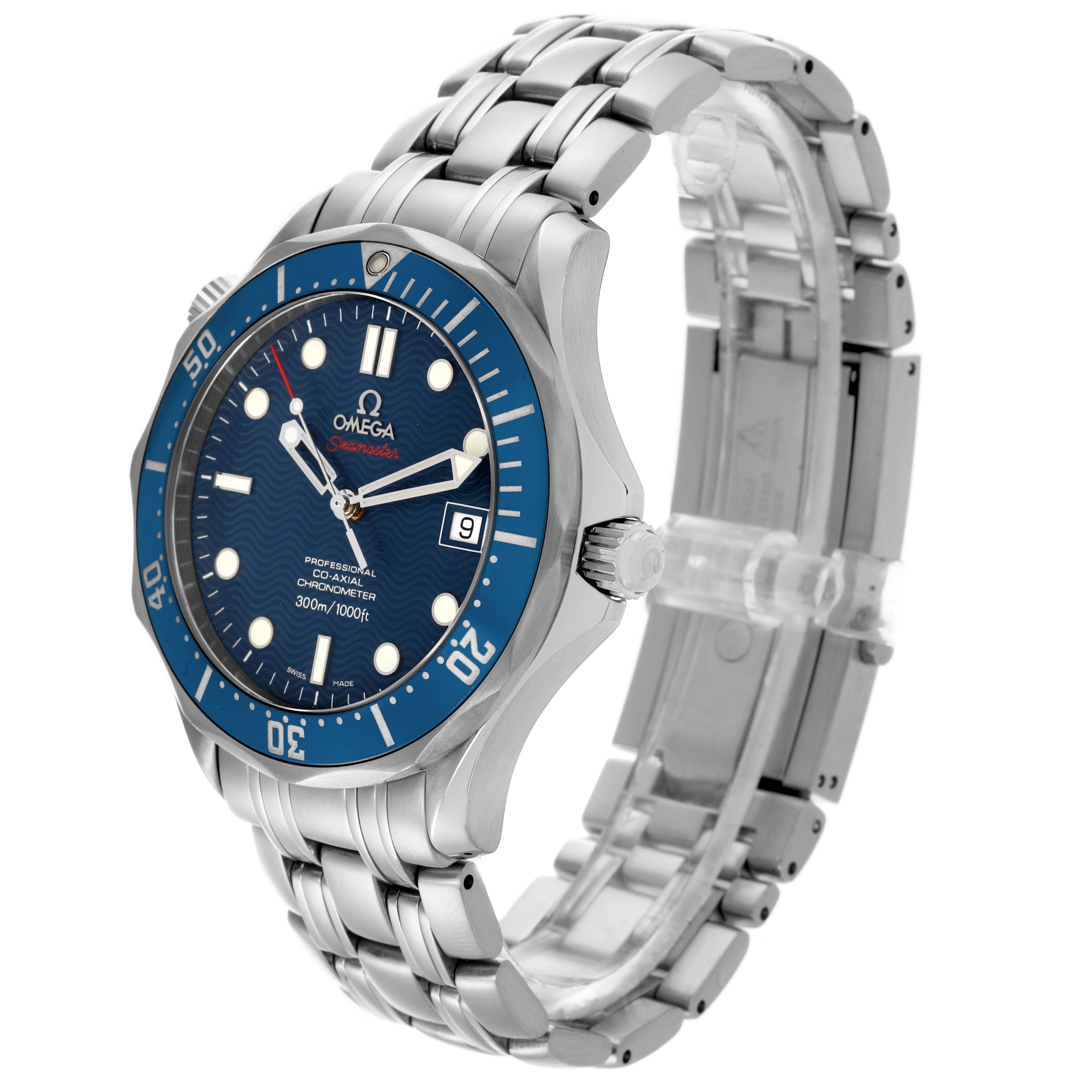 The Omega Seamaster 2220.80.00 Men
s Stainless Steel Blue Dial 2220.80.00 Men
s Stainless Steel Blue Dial watch is shown at an angled side view, highlighting its dial, bezel, crown, and bracelet.