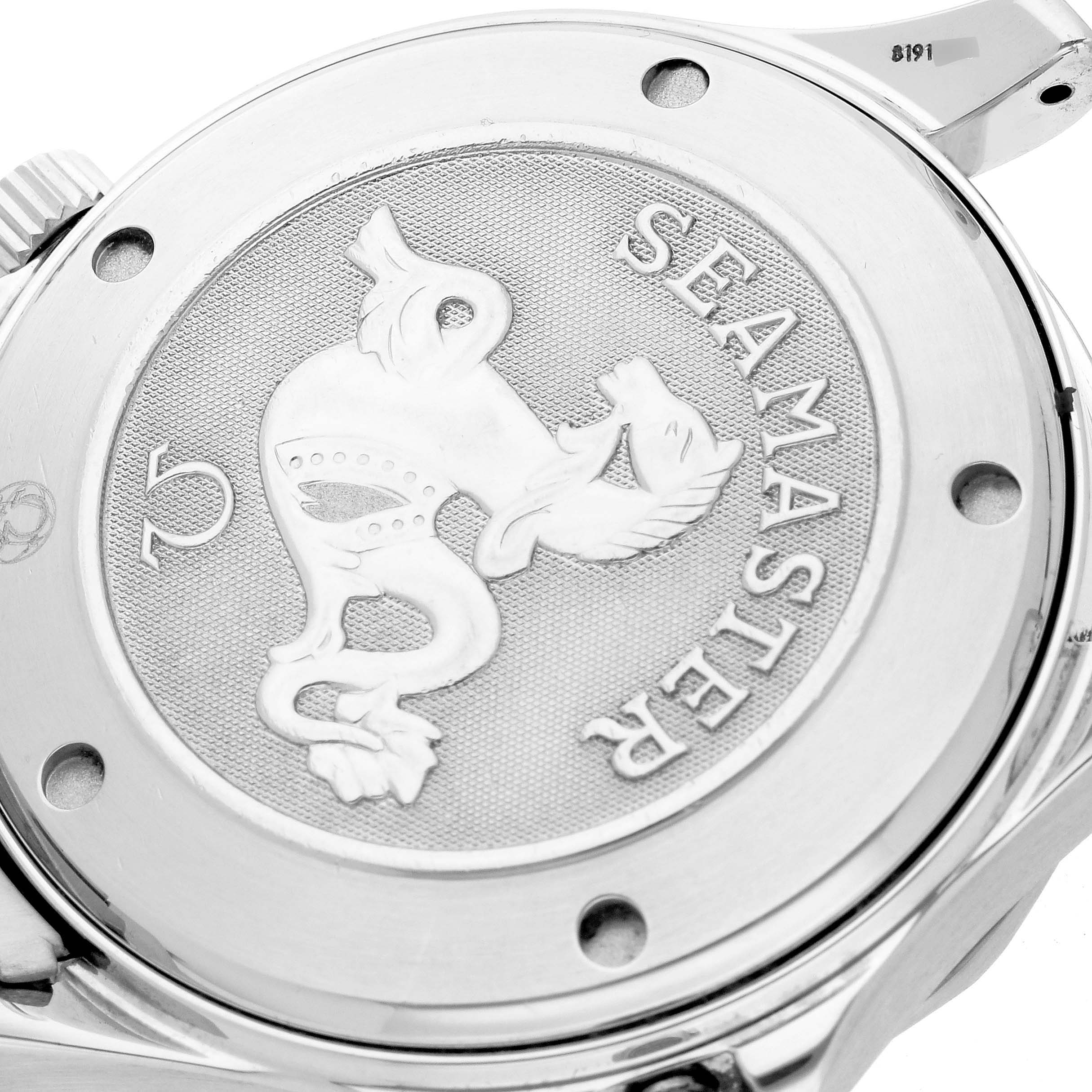 The image shows the case back of an Omega Seamaster 2220.80.00 Men
s Stainless Steel Blue Dial 2220.80.00 Men
s Stainless Steel Blue Dial watch at an angled close-up, highlighting the engraved logo and text.