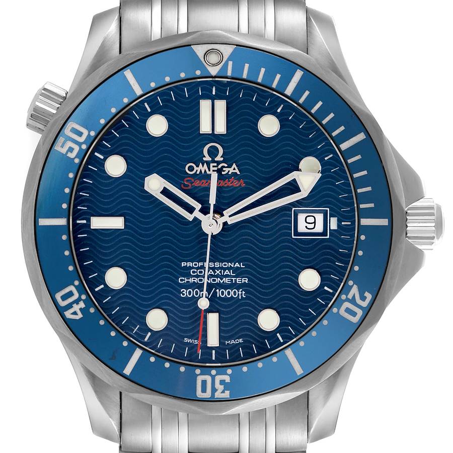 The Omega Seamaster watch is shown from a front angle, displaying the bezel, dial, hands, and date window.