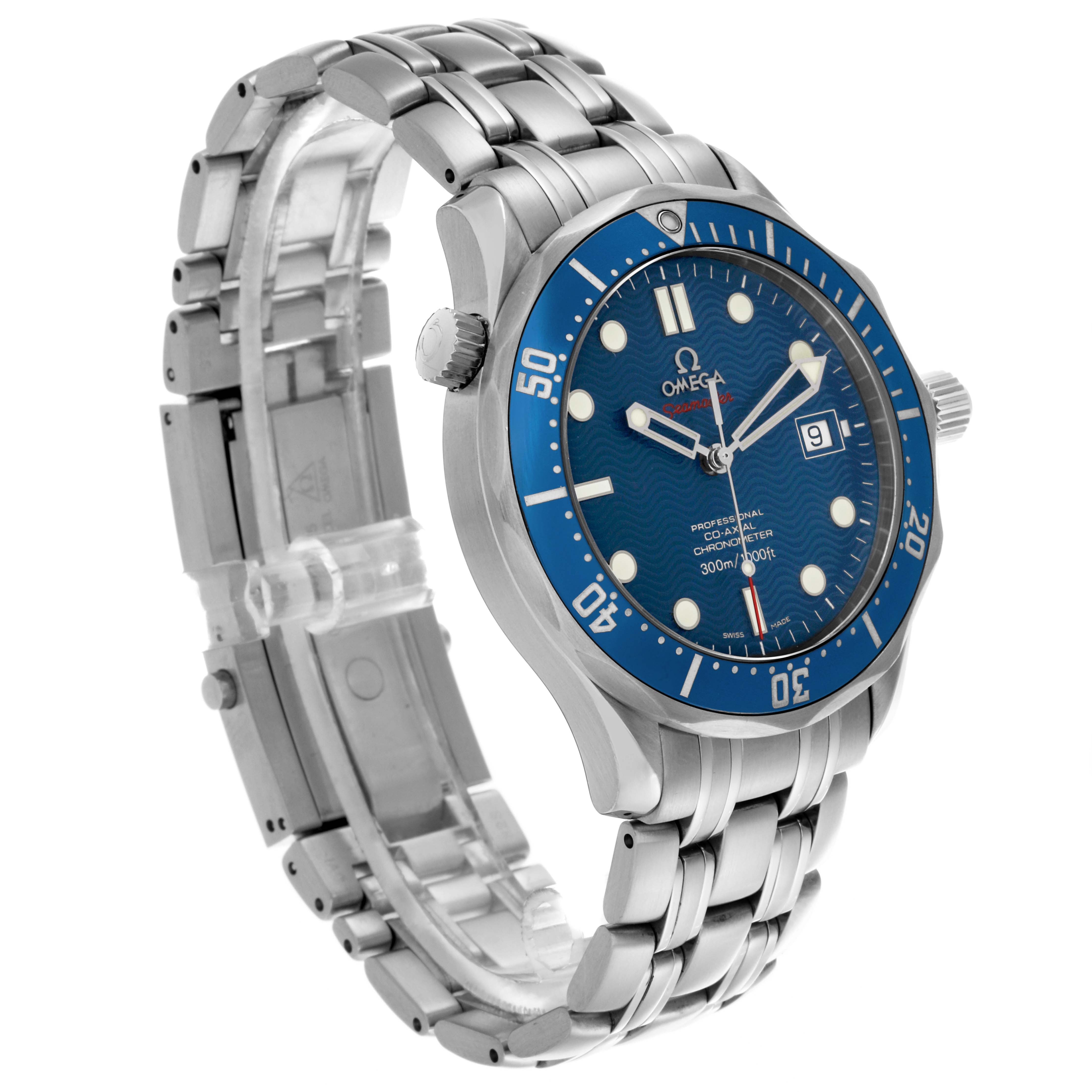 The Omega Seamaster 2220.80.00 Men
s Stainless Steel Blue Dial 2220.80.00 Men
s Stainless Steel Blue Dial watch is shown at a three-quarters angle, highlighting the blue dial, bezel, and metal bracelet.