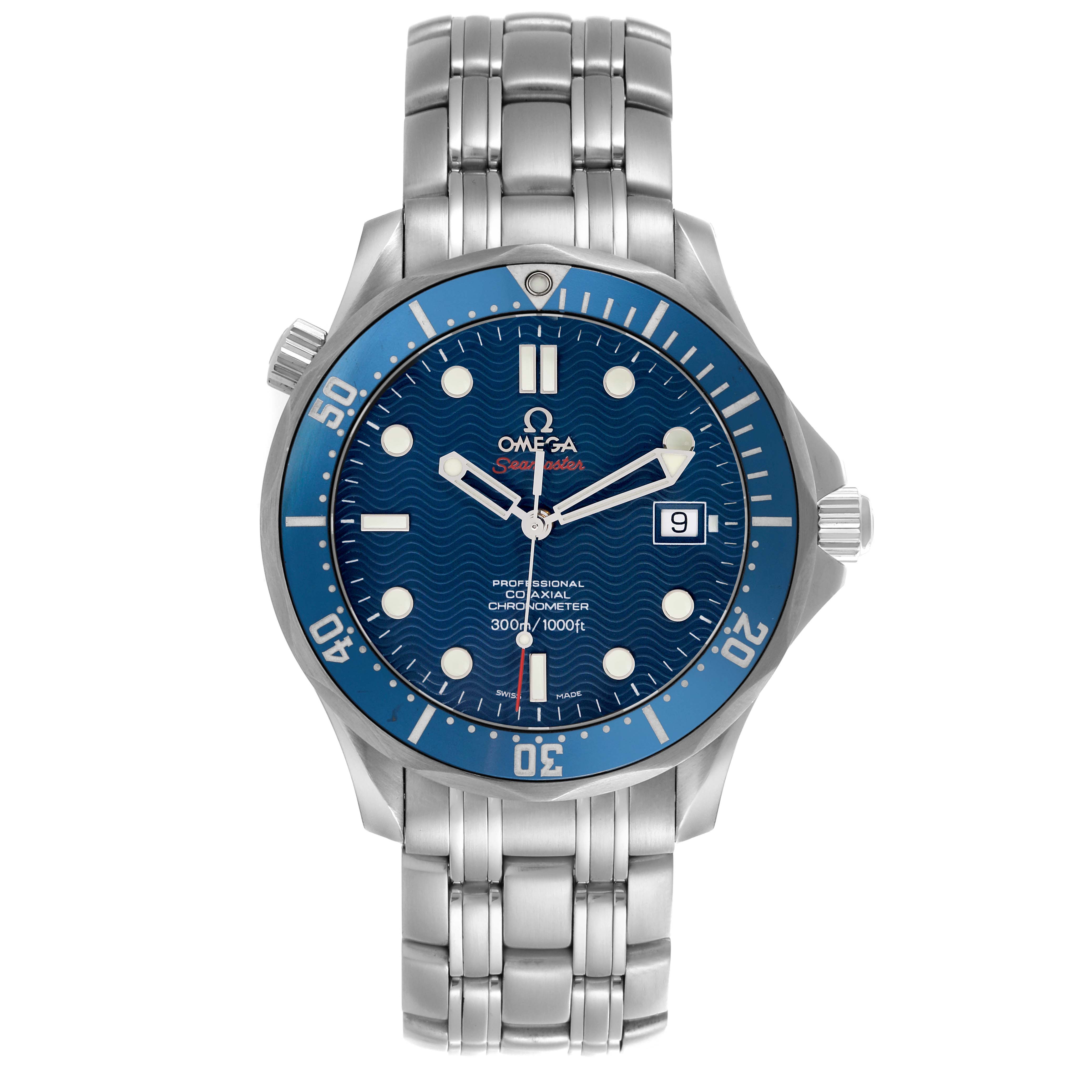 The Omega Seamaster 2220.80.00 Men
s Stainless Steel Blue Dial 2220.80.00 Men
s Stainless Steel Blue Dial watch is shown from the front, displaying the dial, bezel, case, bracelet, and crown.