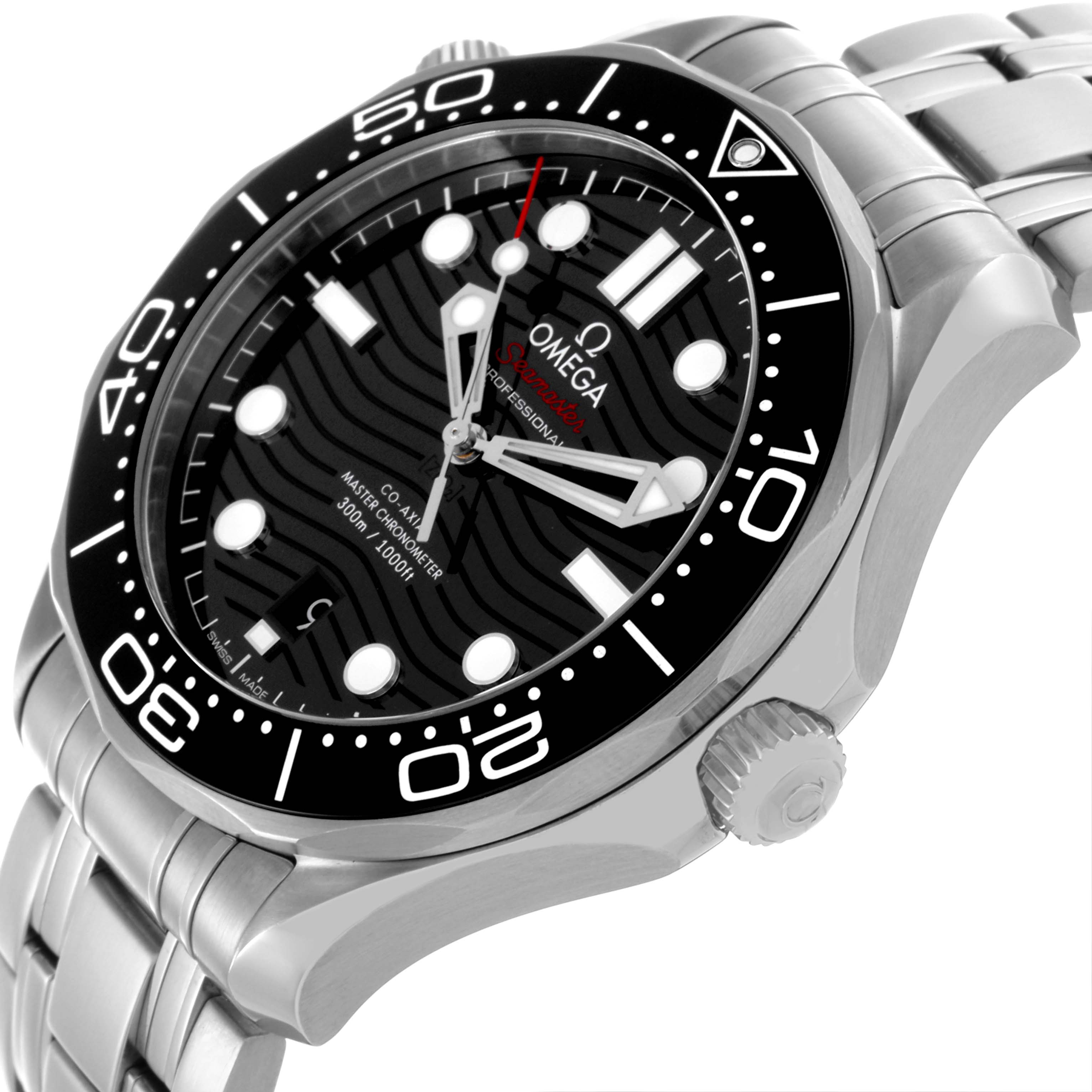The Omega Seamaster 210.30.42.20.01.001 Men
s Stainless Steel Black Dial 210.30.42.20.01.001 Men
s Stainless Steel Black Dial watch is shown from a slightly angled side view, highlighting the dial, bezel, crown, and bracelet.