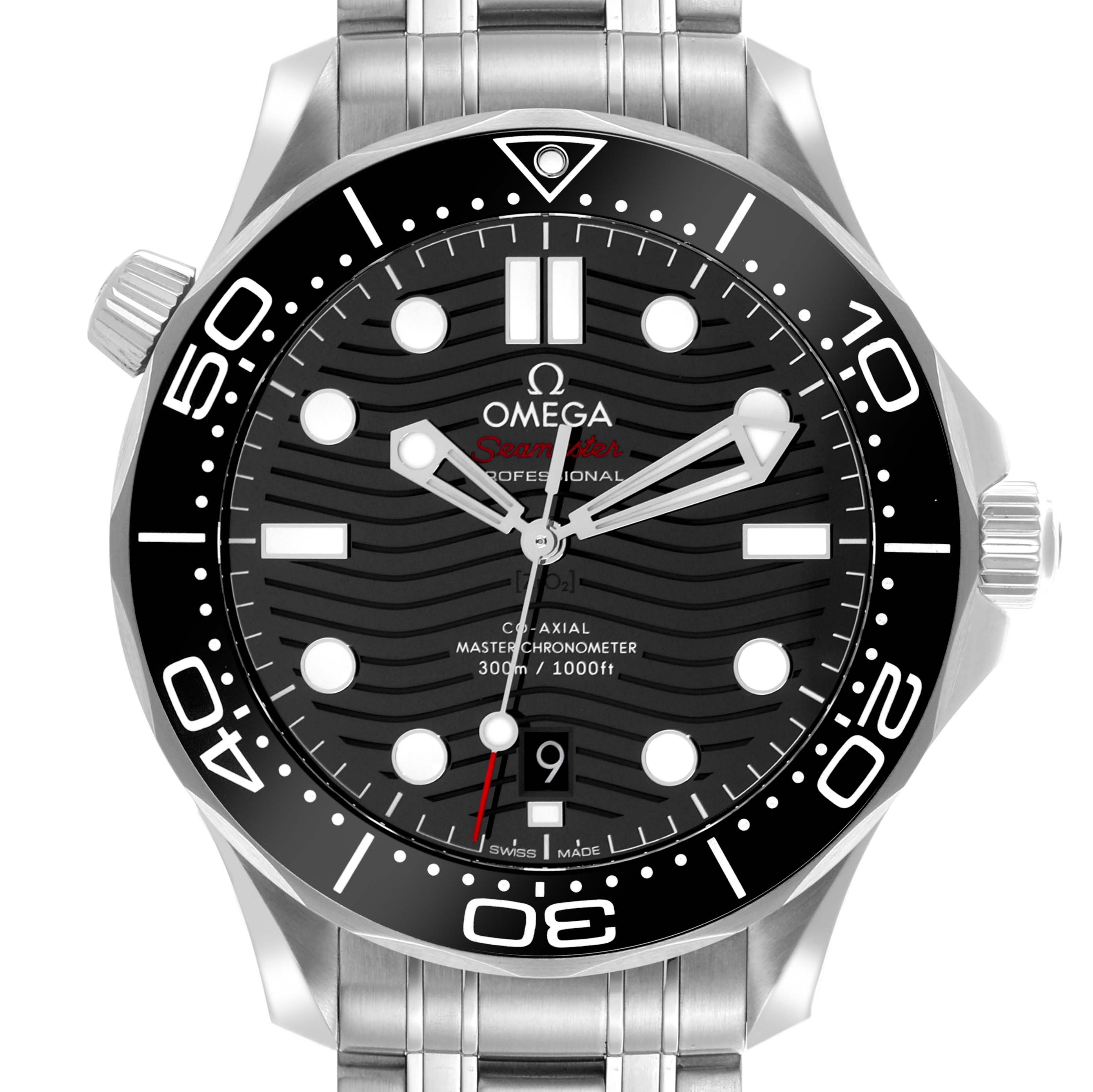 The Omega Seamaster 210.30.42.20.01.001 Men
s Stainless Steel Black Dial 210.30.42.20.01.001 Men
s Stainless Steel Black Dial watch is shown from the front, highlighting the dial, bezel, hands, and bracelet.