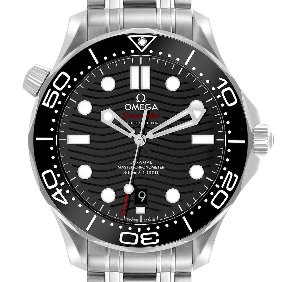 The Omega Seamaster watch is shown from the front, highlighting the dial, bezel, hands, and bracelet.