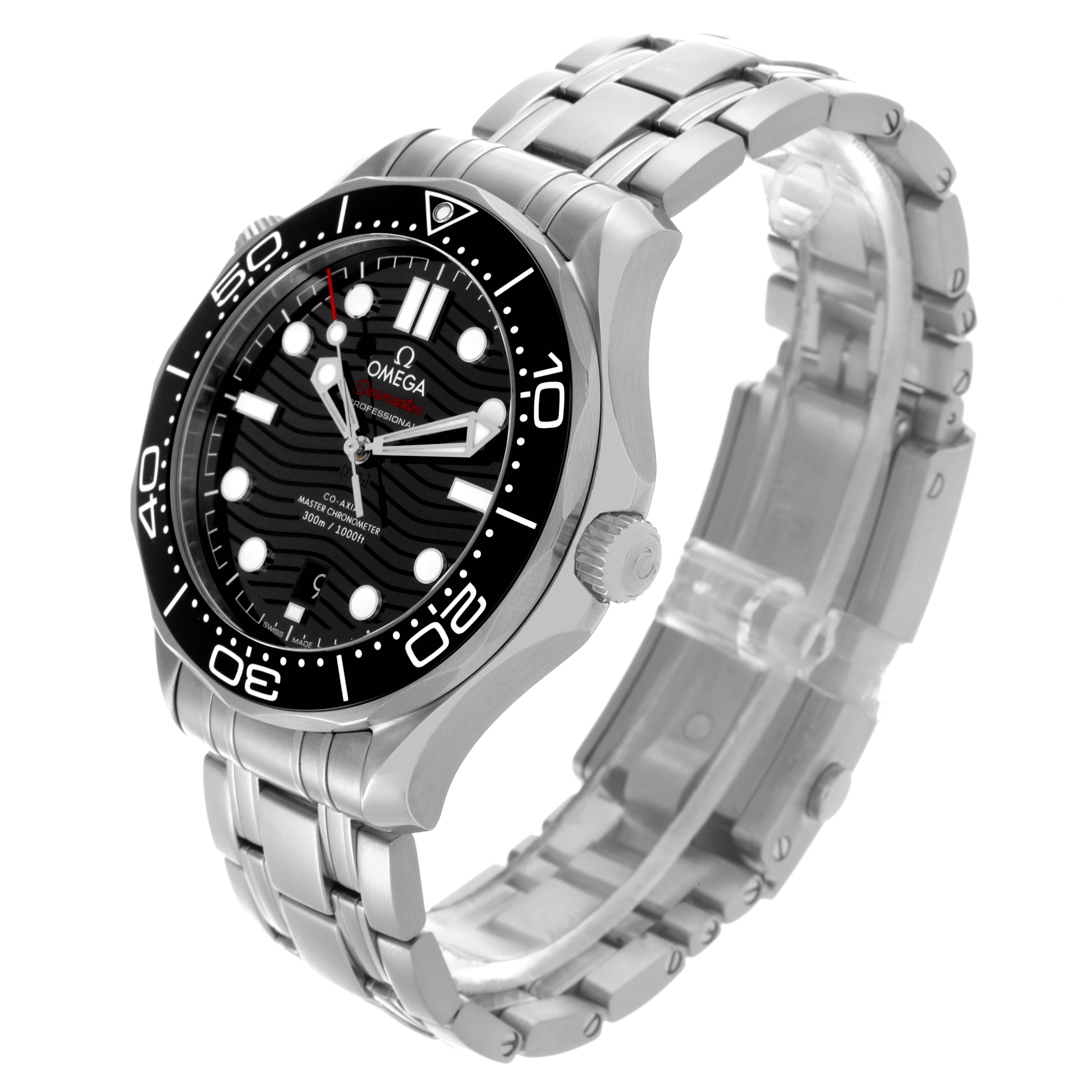 The Omega Seamaster 210.30.42.20.01.001 Men
s Stainless Steel Black Dial 210.30.42.20.01.001 Men
s Stainless Steel Black Dial watch is shown at a three-quarter angle, highlighting the face, bezel, crown, and metal bracelet.