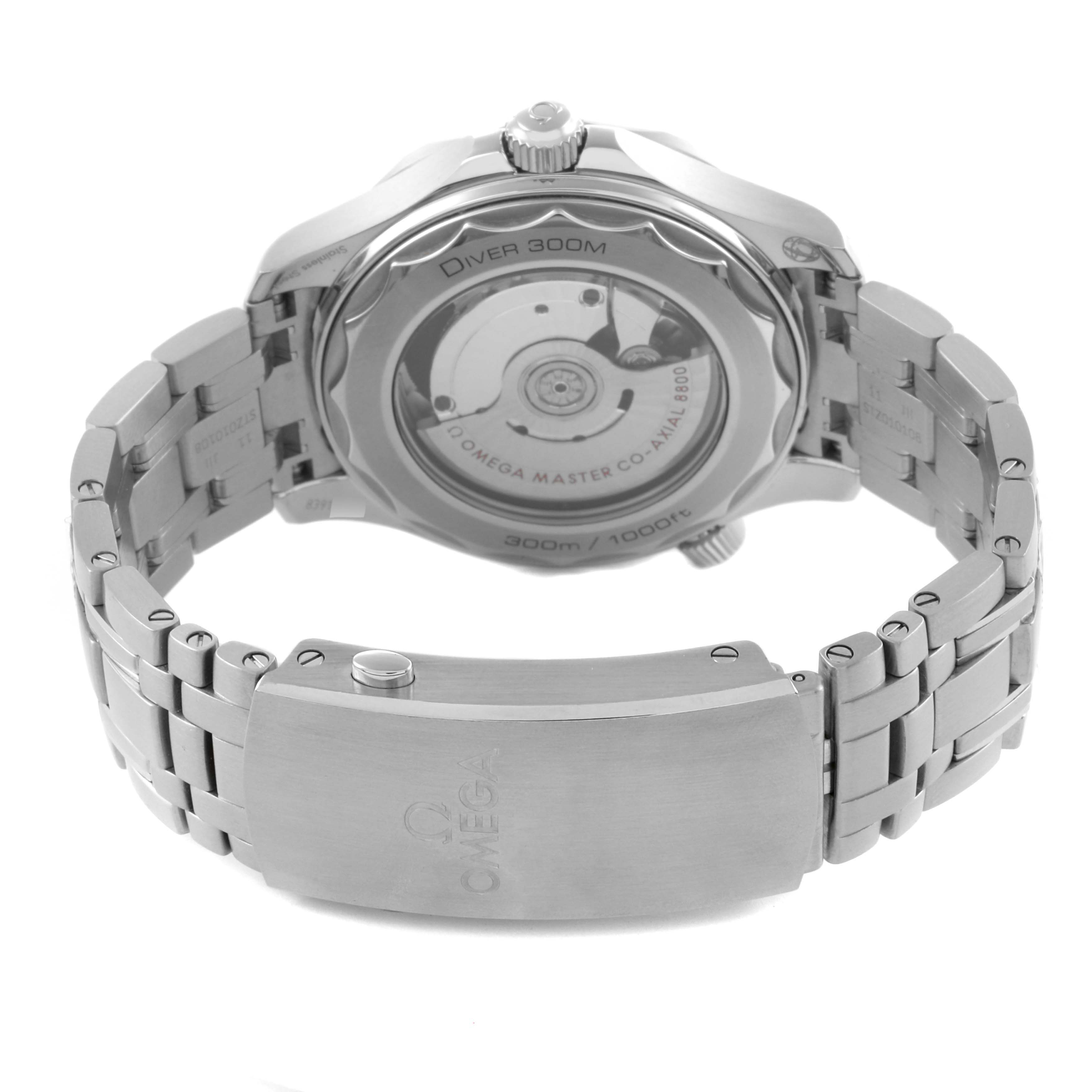 The image shows the back view of an Omega Seamaster 210.30.42.20.01.001 Men
s Stainless Steel Black Dial 210.30.42.20.01.001 Men
s Stainless Steel Black Dial watch, highlighting the exhibition case back and stainless steel bracelet.