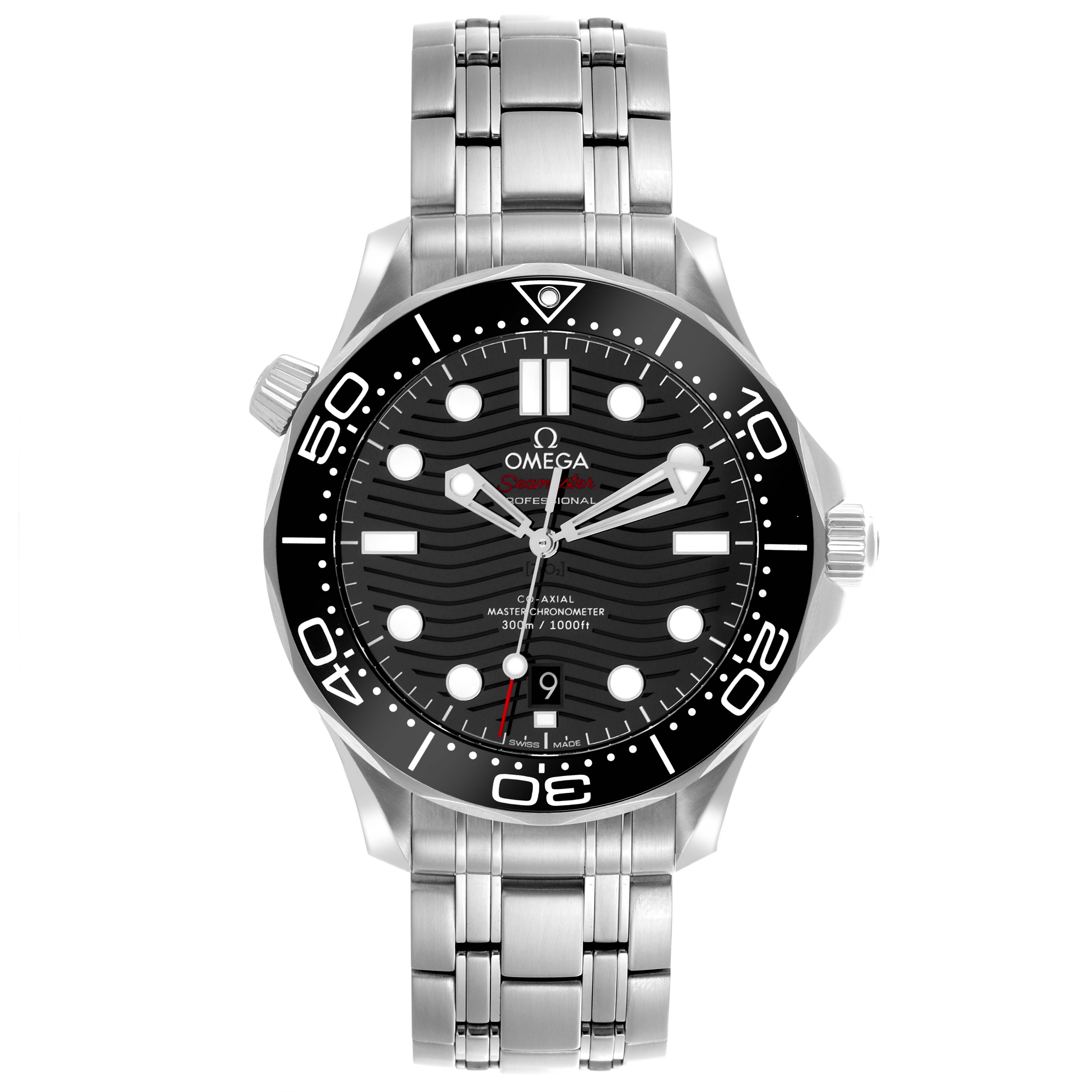 The Omega Seamaster 210.30.42.20.01.001 Men
s Stainless Steel Black Dial 210.30.42.20.01.001 Men
s Stainless Steel Black Dial watch is shown from the front, displaying its dial, bezel, hands, and stainless steel bracelet.