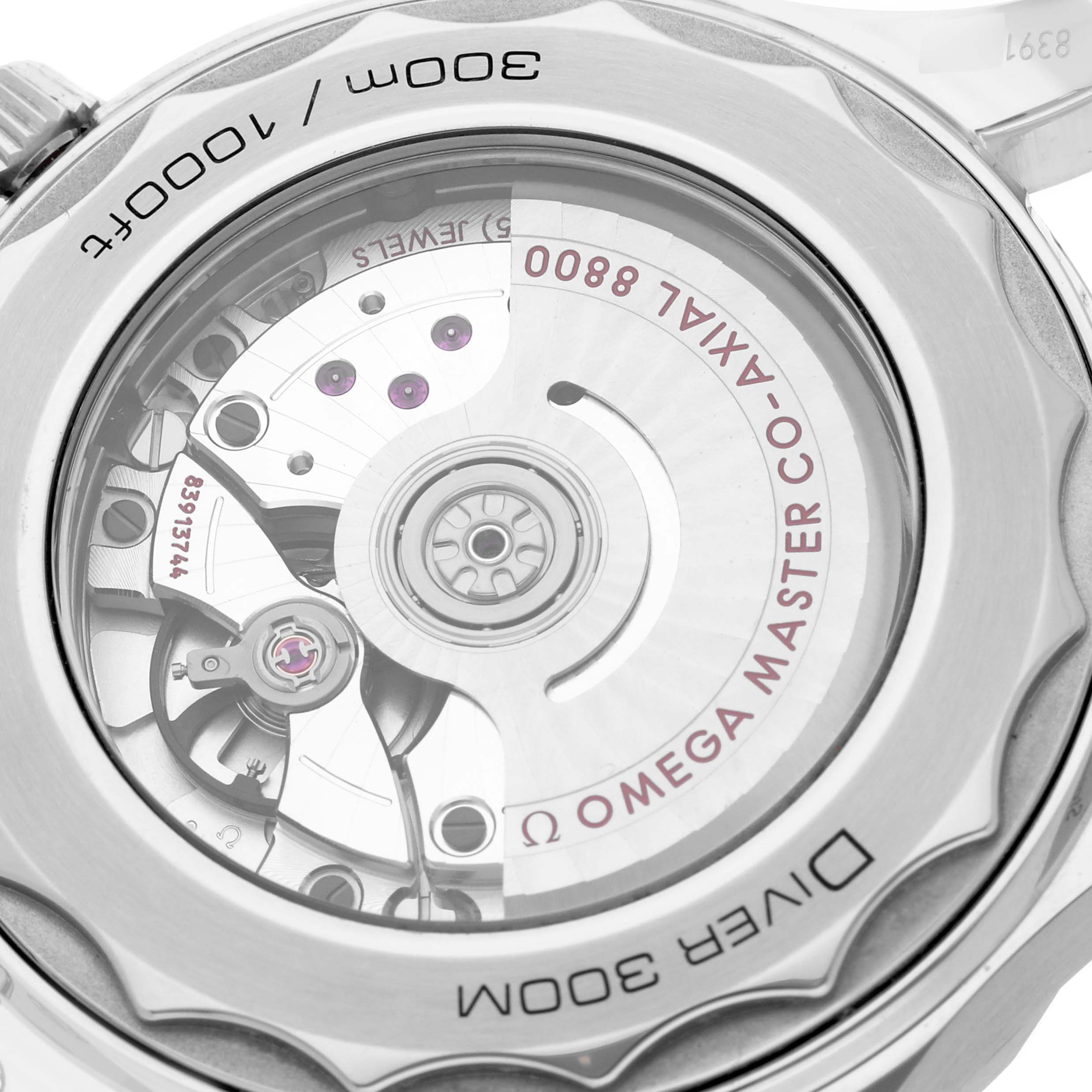 The image shows the Omega Seamaster 210.30.42.20.01.001 Men
s Stainless Steel Black Dial 210.30.42.20.01.001 Men
s Stainless Steel Black Dial watch
s case back, highlighting its movement and Co-Axial 8800 mechanism.