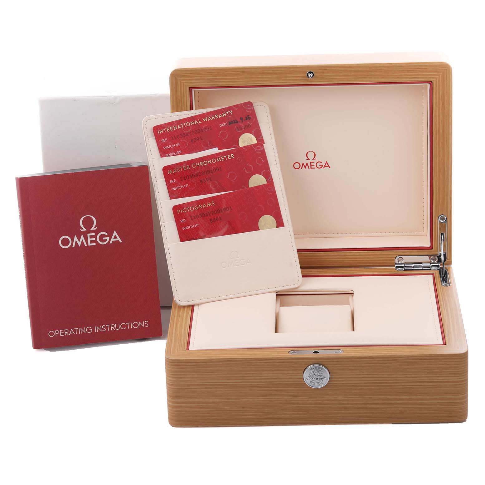 The image shows an Omega Seamaster 210.30.42.20.01.001 Men
s Stainless Steel Black Dial 210.30.42.20.01.001 Men
s Stainless Steel Black Dial watch box, open to reveal warranty cards and operating instructions.