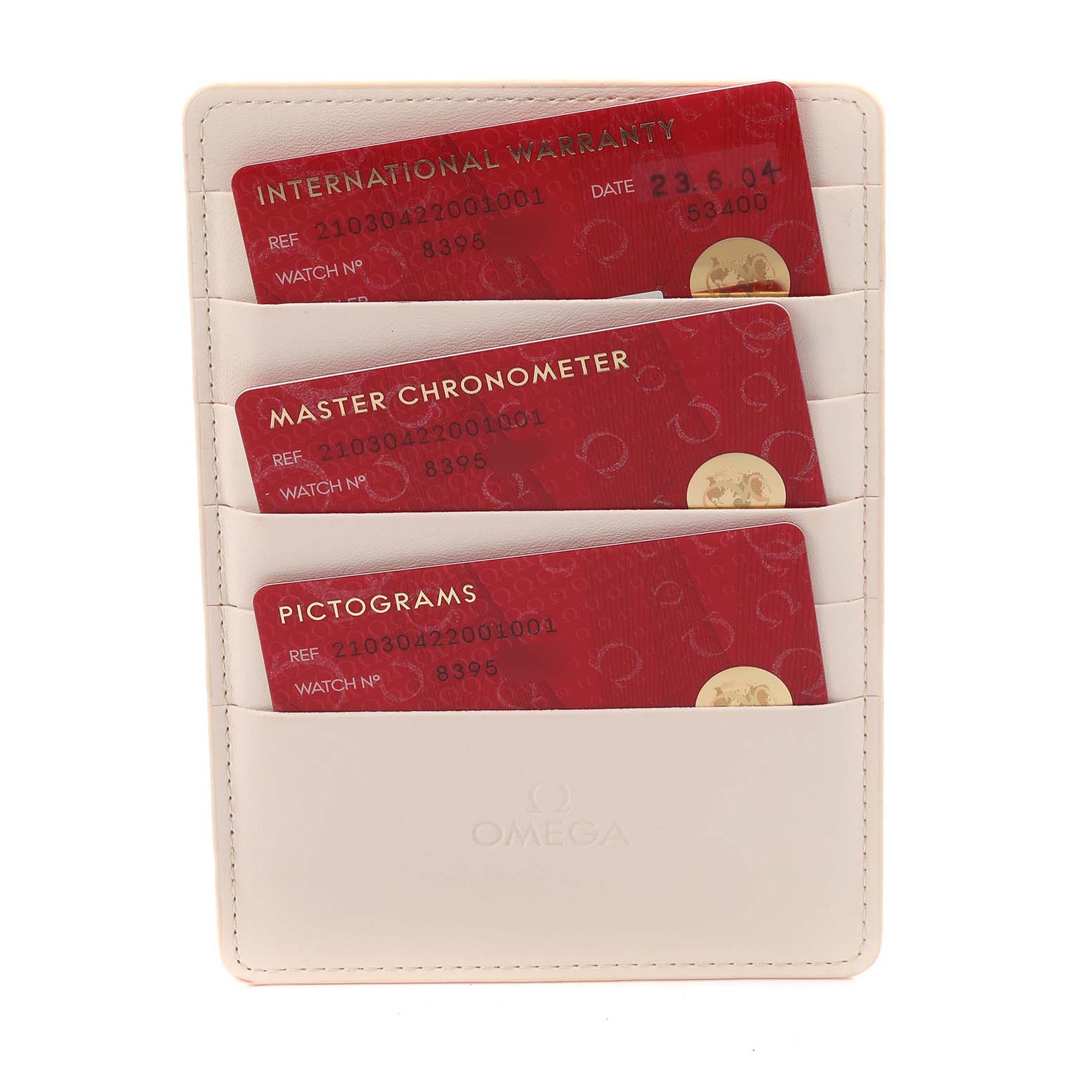 The image shows Omega Seamaster 210.30.42.20.01.001 Men
s Stainless Steel Black Dial 210.30.42.20.01.001 Men
s Stainless Steel Black Dial model cardholder with warranty, chronometer, and pictogram cards in pockets.