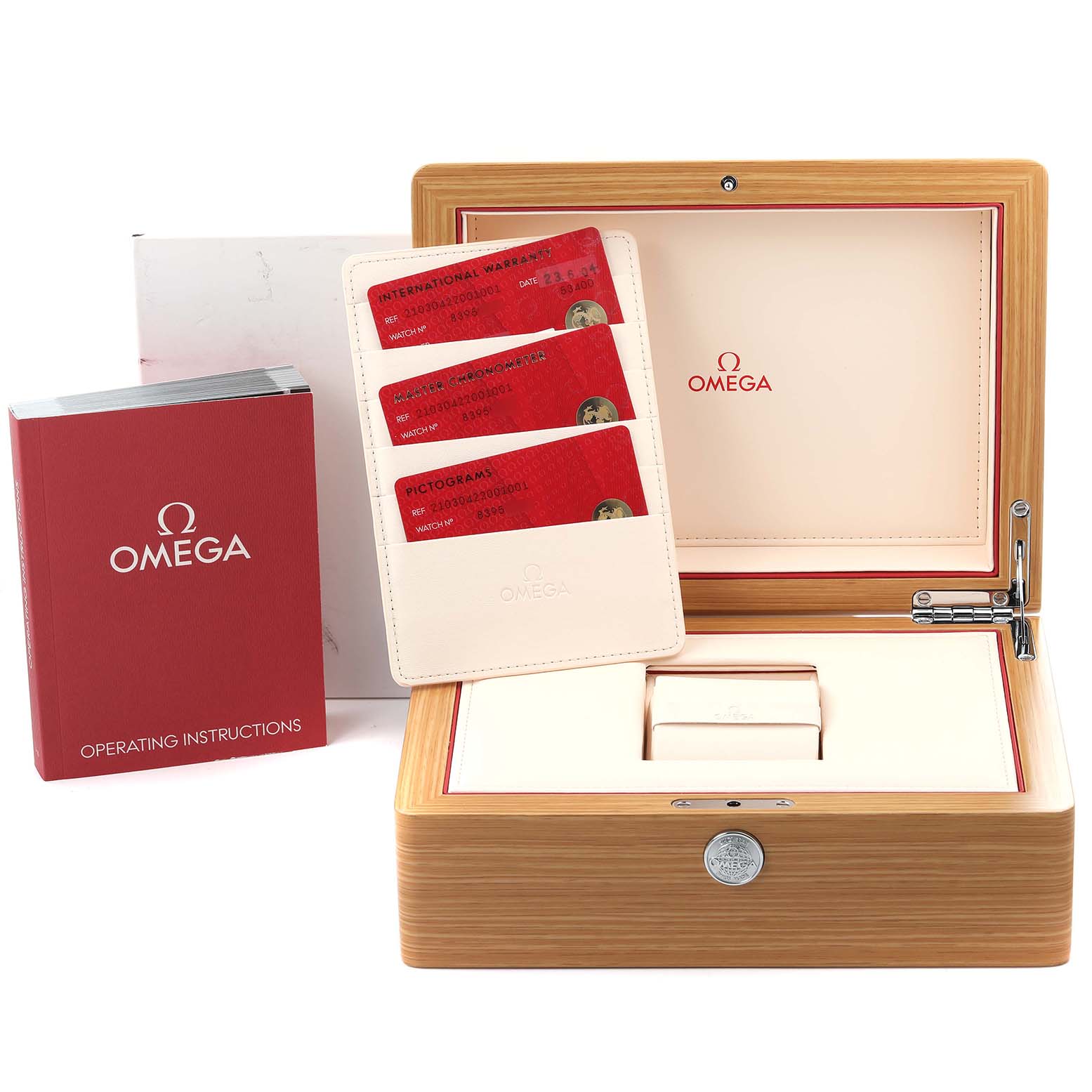 The image shows an Omega Seamaster 210.30.42.20.01.001 Men
s Stainless Steel Black Dial 210.30.42.20.01.001 Men
s Stainless Steel Black Dial watch box, warranty cards, and an operating instructions manual.