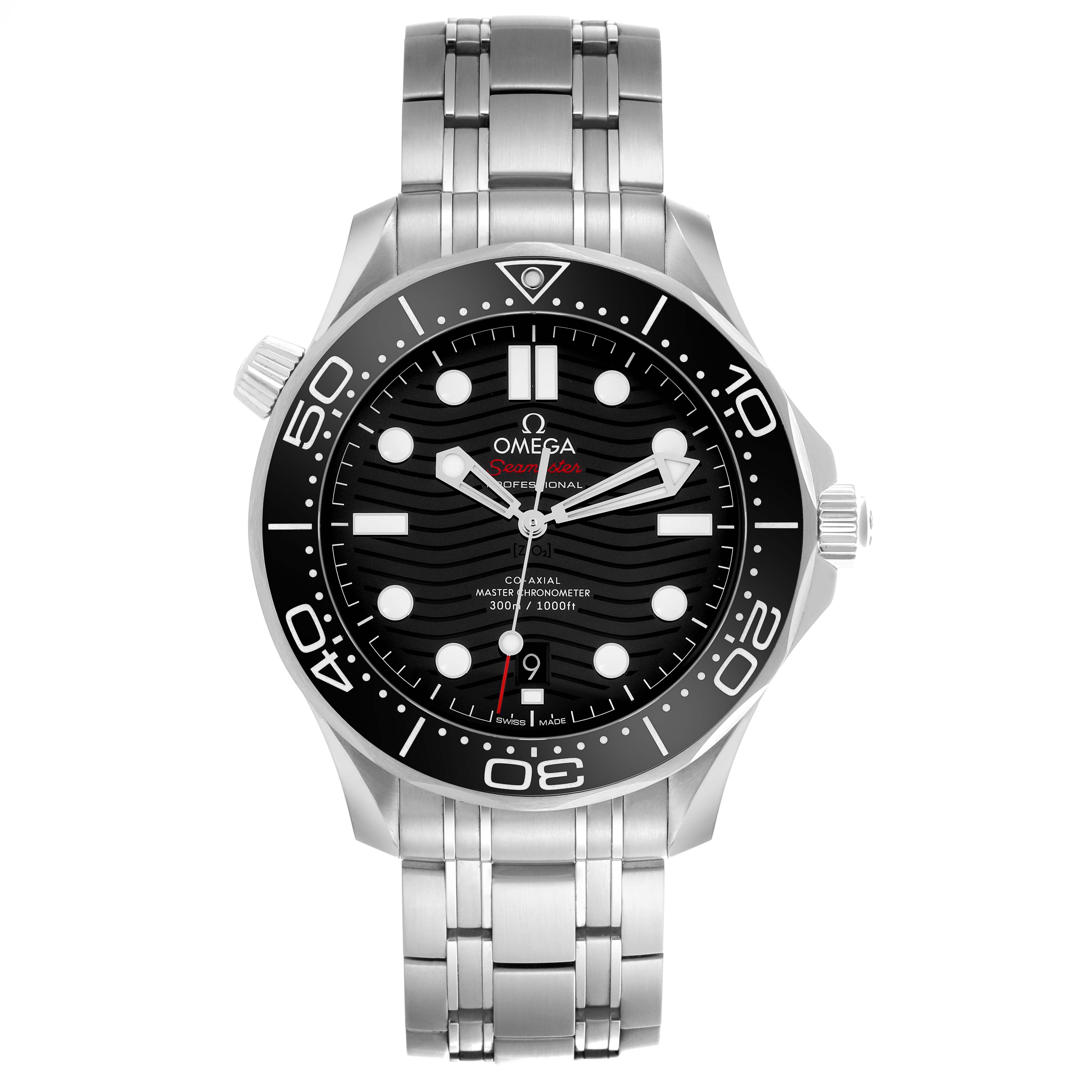 The Omega Seamaster 210.30.42.20.01.001 Men
s Stainless Steel Black Dial 210.30.42.20.01.001 Men
s Stainless Steel Black Dial is shown from the front, displaying its face, bezel, and stainless steel bracelet.