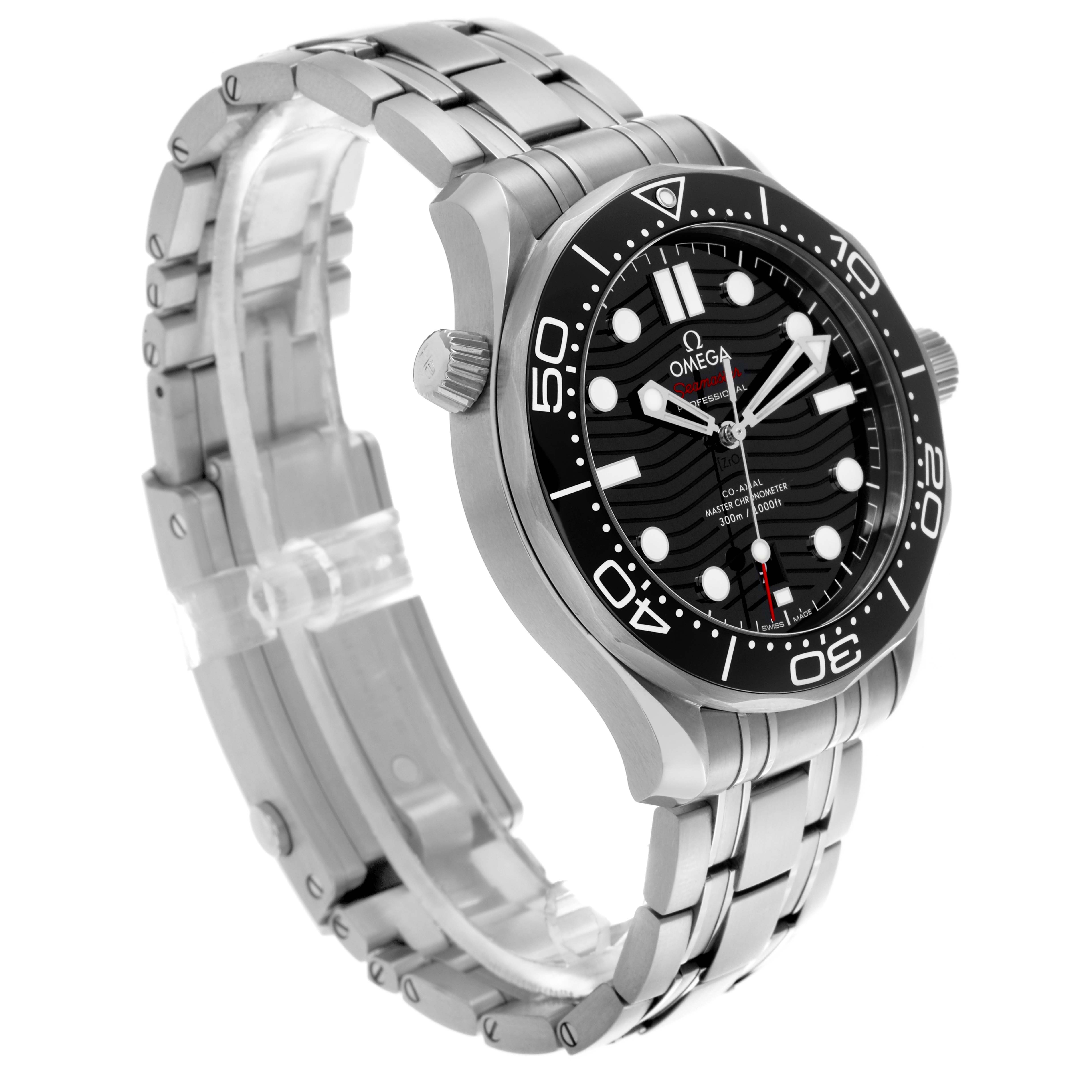 The Omega Seamaster 210.30.42.20.01.001 Men
s Stainless Steel Black Dial 210.30.42.20.01.001 Men
s Stainless Steel Black Dial model is shown at an angled side view, highlighting the watch face, bezel, crown, and metal bracelet.