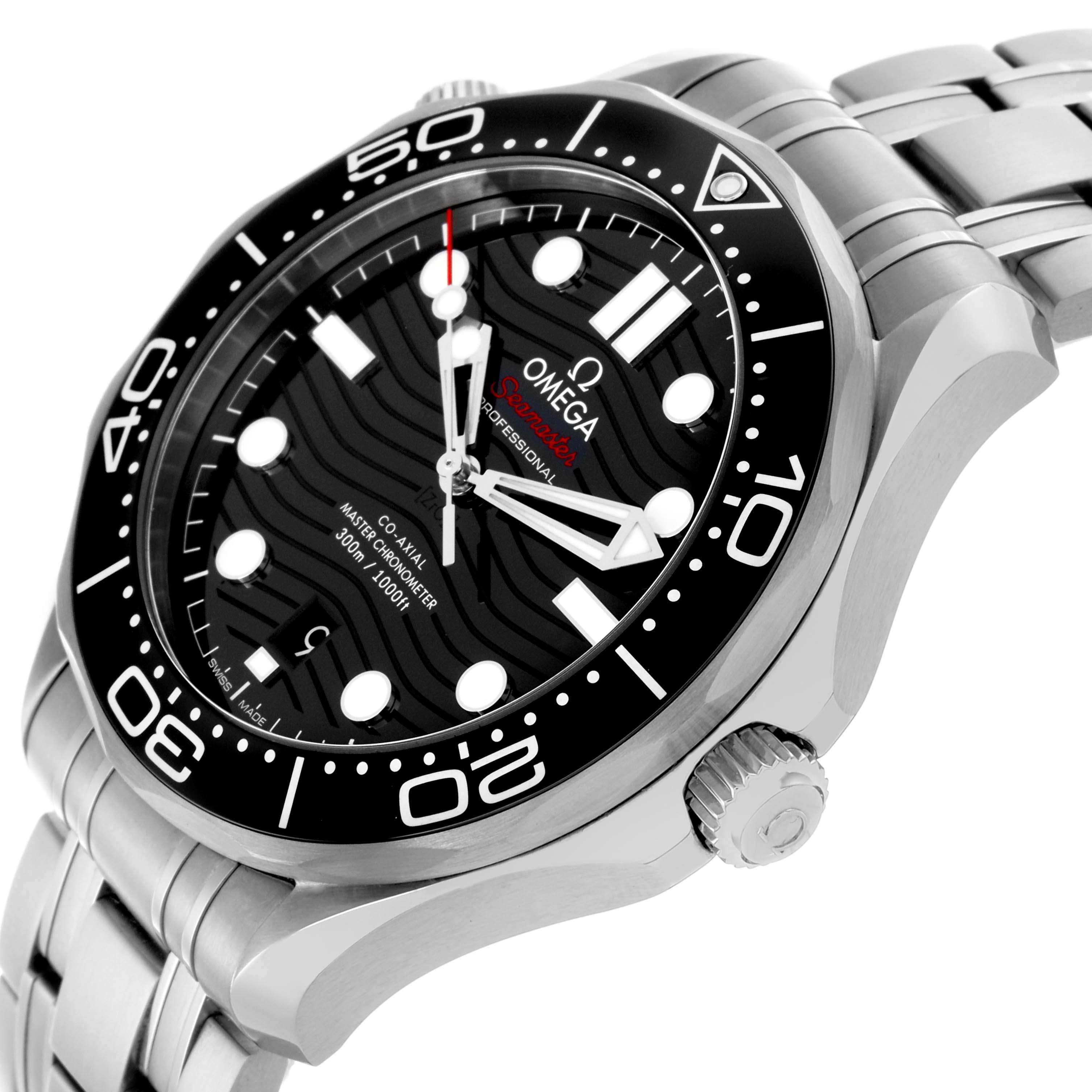 The Omega Seamaster 210.30.42.20.01.001 Men
s Stainless Steel Black Dial 210.30.42.20.01.001 Men
s Stainless Steel Black Dial watch is shown from a front angle, highlighting the dial, bezel, crown, and part of the bracelet.