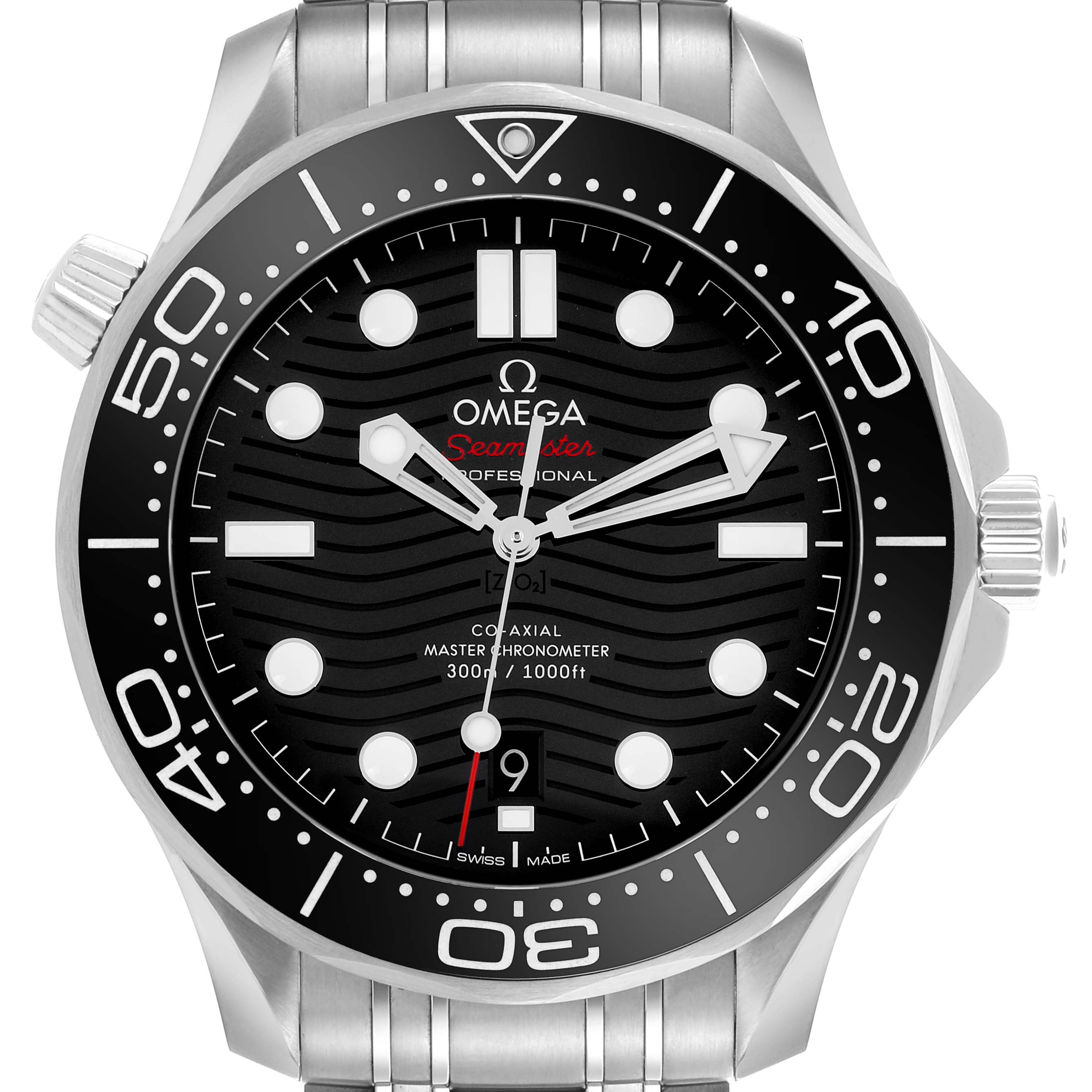 The Omega Seamaster 210.30.42.20.01.001 Men
s Stainless Steel Black Dial 210.30.42.20.01.001 Men
s Stainless Steel Black Dial watch is shown from a front angle, displaying its black dial, bezel, and bracelet.