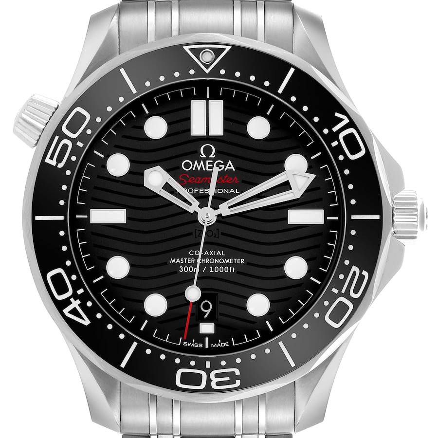 The Omega Seamaster watch is shown from a front angle, displaying its black dial, bezel, and bracelet.