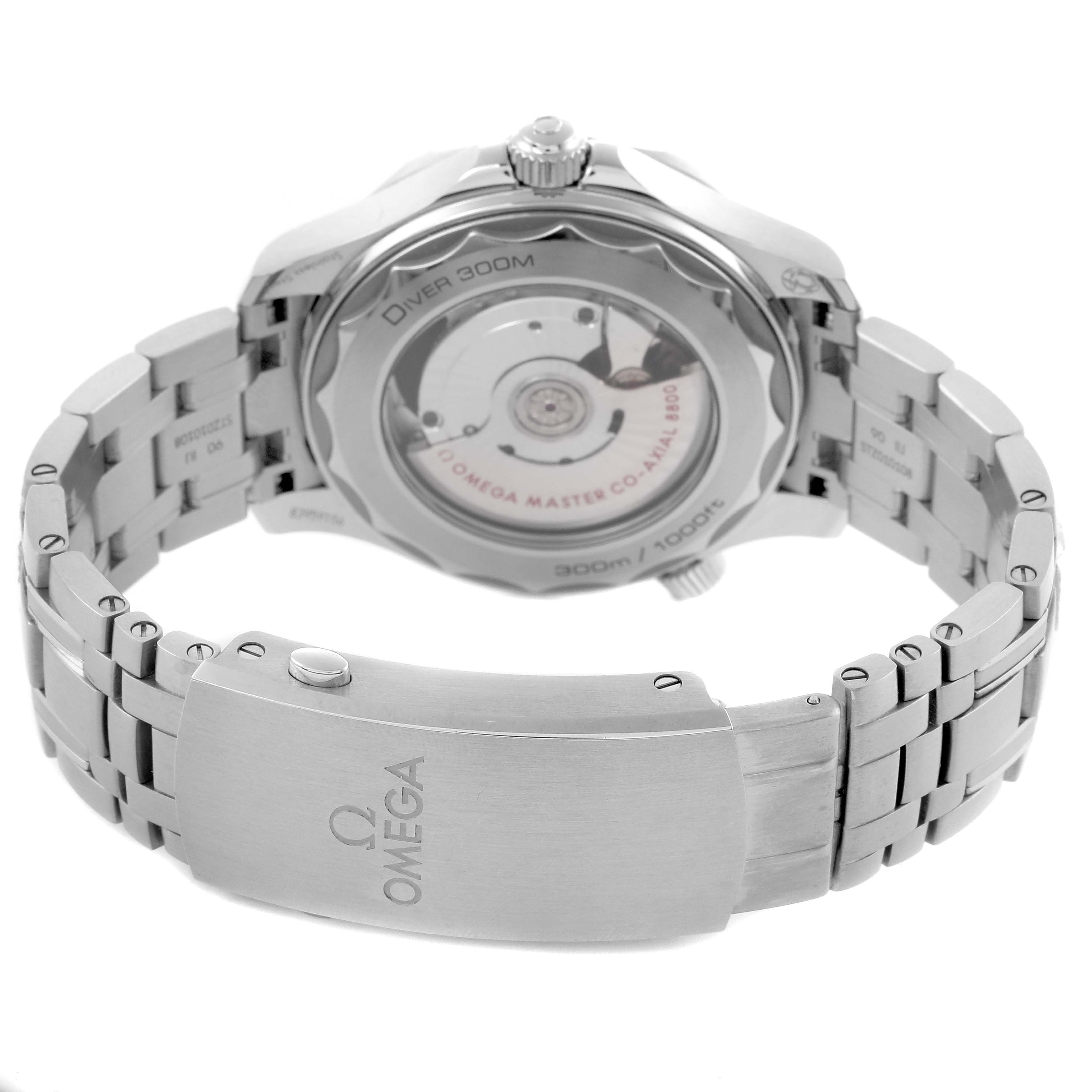 The image shows the back view of an Omega Seamaster 210.30.42.20.01.001 Men
s Stainless Steel Black Dial 210.30.42.20.01.001 Men
s Stainless Steel Black Dial watch, focusing on the case back and bracelet clasp.