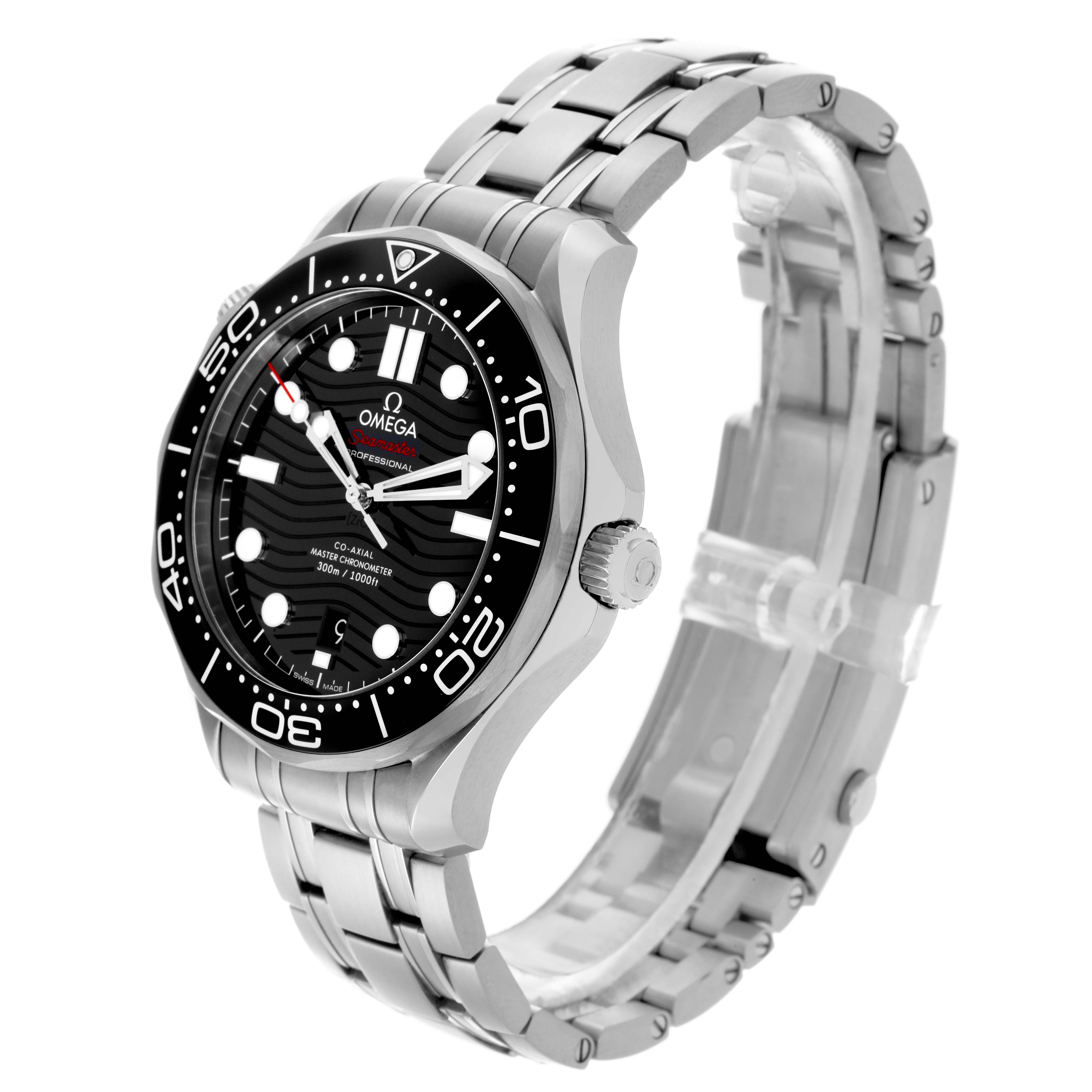 The Omega Seamaster 210.30.42.20.01.001 Men
s Stainless Steel Black Dial 210.30.42.20.01.001 Men
s Stainless Steel Black Dial watch is shown at a slight angle, highlighting the dial, bezel, crown, and full stainless steel bracelet.