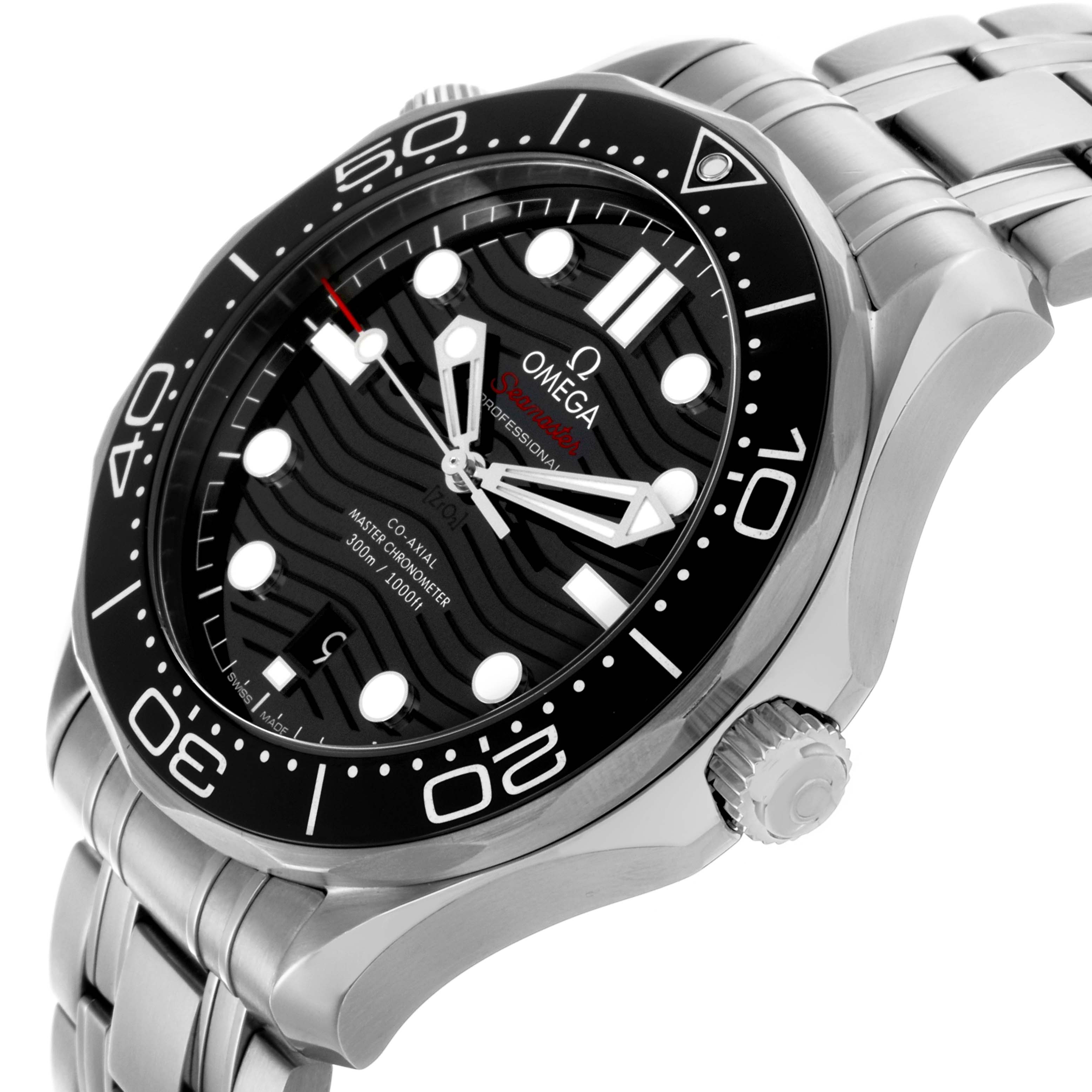 The Omega Seamaster 210.30.42.20.01.001 Men
s Stainless Steel Black Dial 210.30.42.20.01.001 Men
s Stainless Steel Black Dial watch is shown at an angle highlighting the face, bezel, and part of the bracelet.