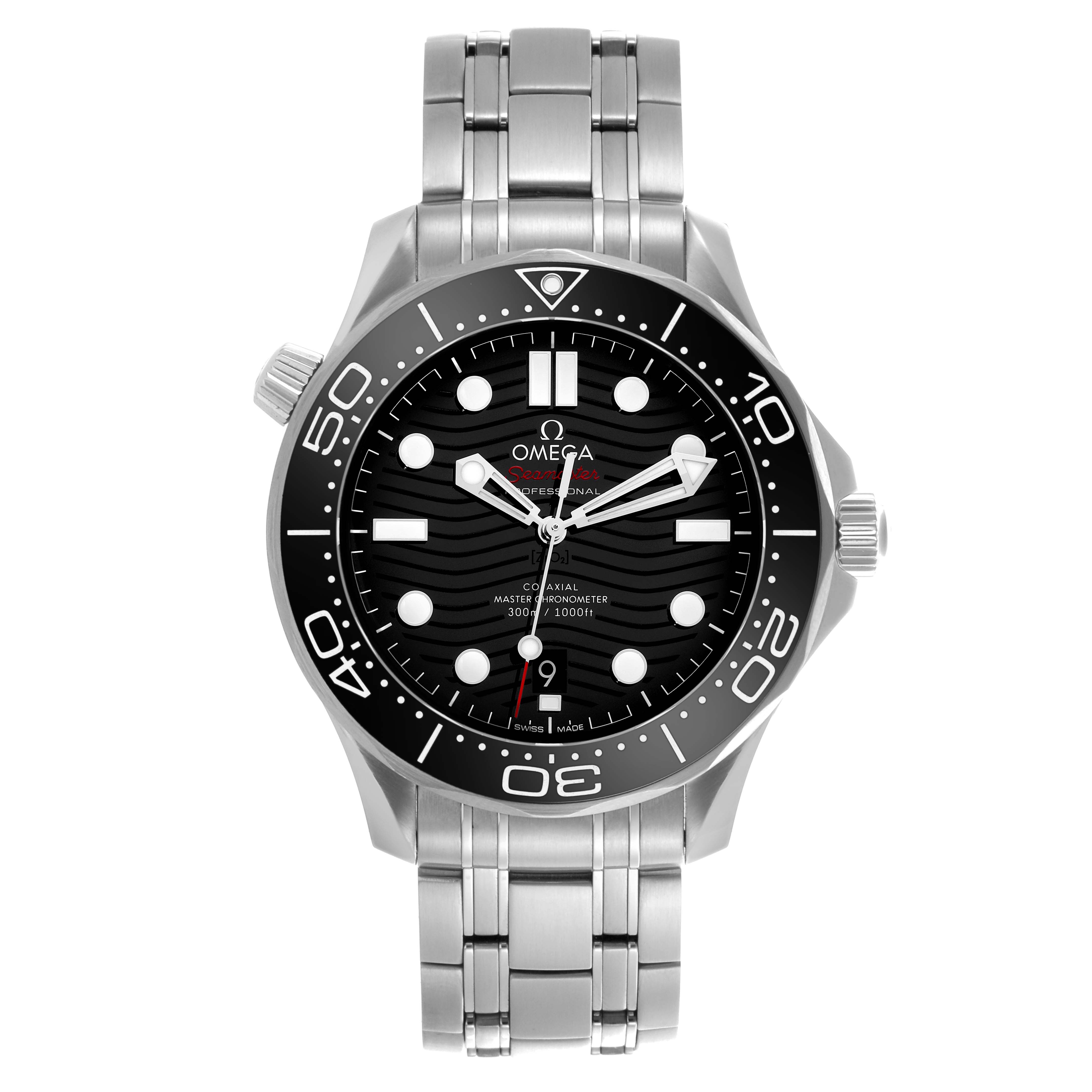 The image shows the Omega Seamaster 210.30.42.20.01.001 Men
s Stainless Steel Black Dial 210.30.42.20.01.001 Men
s Stainless Steel Black Dial watch from a front angle, highlighting the dial, bezel, and bracelet.