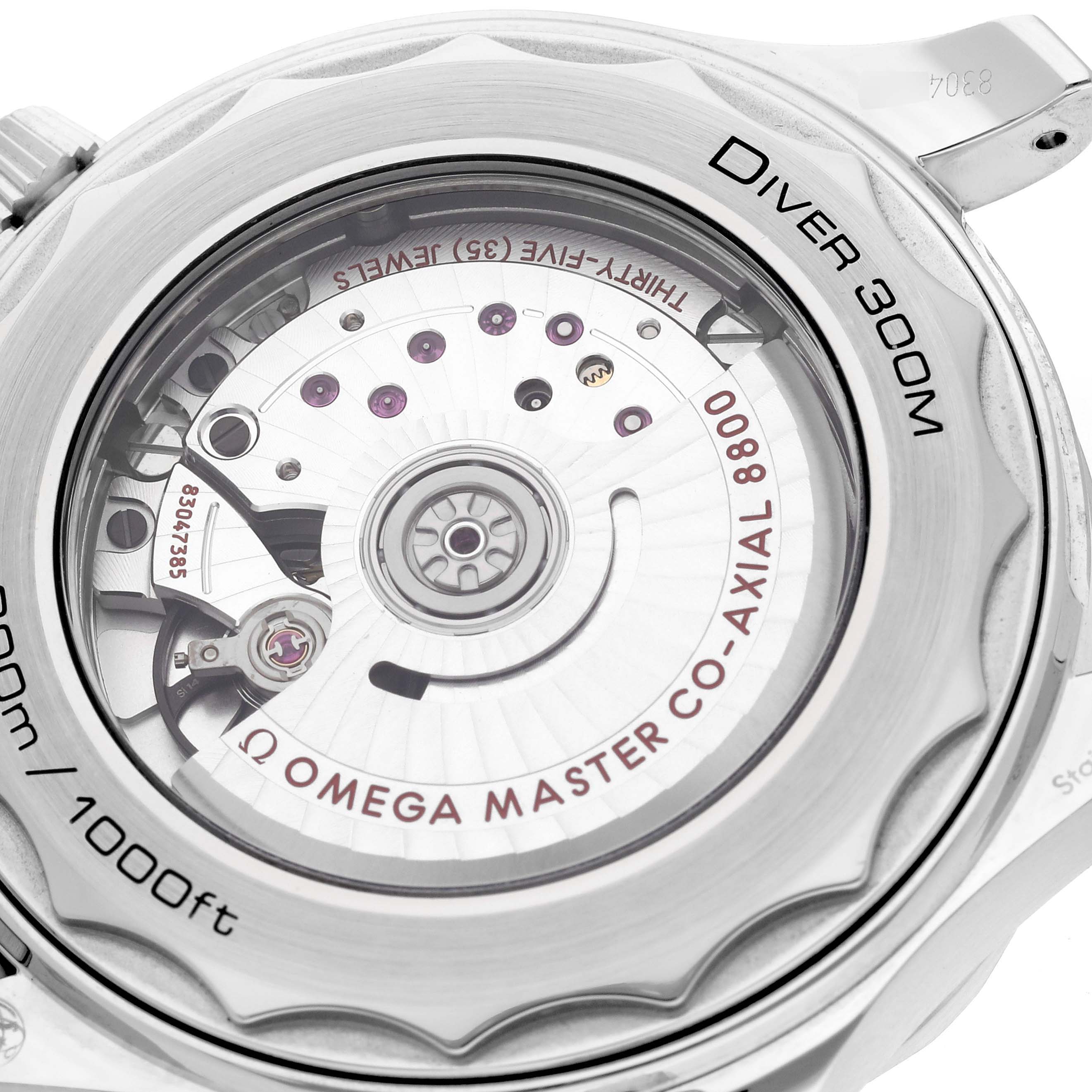 The image shows the back of the Omega Seamaster 210.30.42.20.01.001 Men
s Stainless Steel Black Dial 210.30.42.20.01.001 Men
s Stainless Steel Black Dial watch, highlighting its movement and rotor.