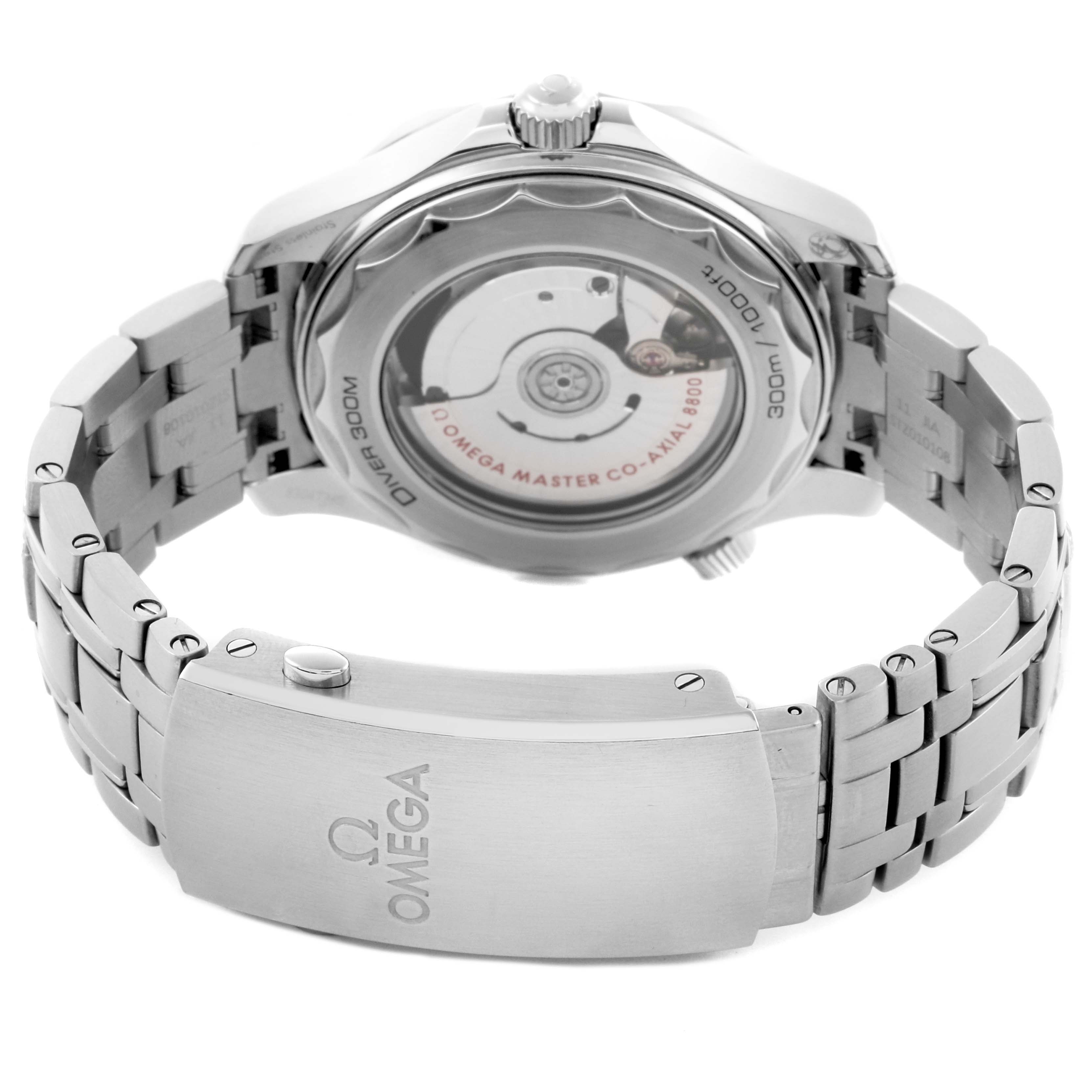 The Omega Seamaster 210.30.42.20.01.001 Men
s Stainless Steel Black Dial 210.30.42.20.01.001 Men
s Stainless Steel Black Dial watch is shown from the back, highlighting the exhibition case back and metal bracelet.