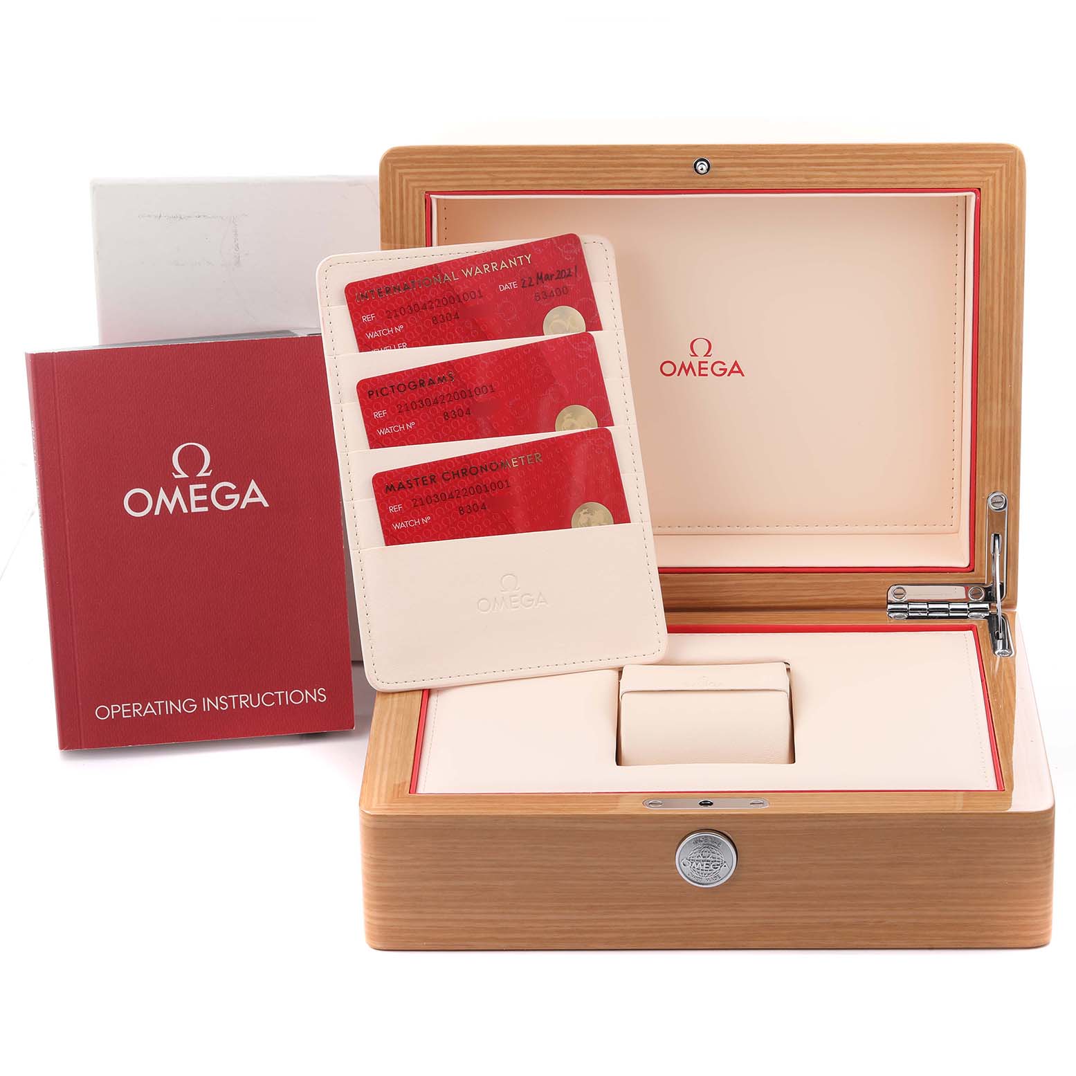 The image shows the Omega Seamaster 210.30.42.20.01.001 Men
s Stainless Steel Black Dial 210.30.42.20.01.001 Men
s Stainless Steel Black Dial packaging, with a wooden box, red instruction booklet, and warranty cards in a holder.