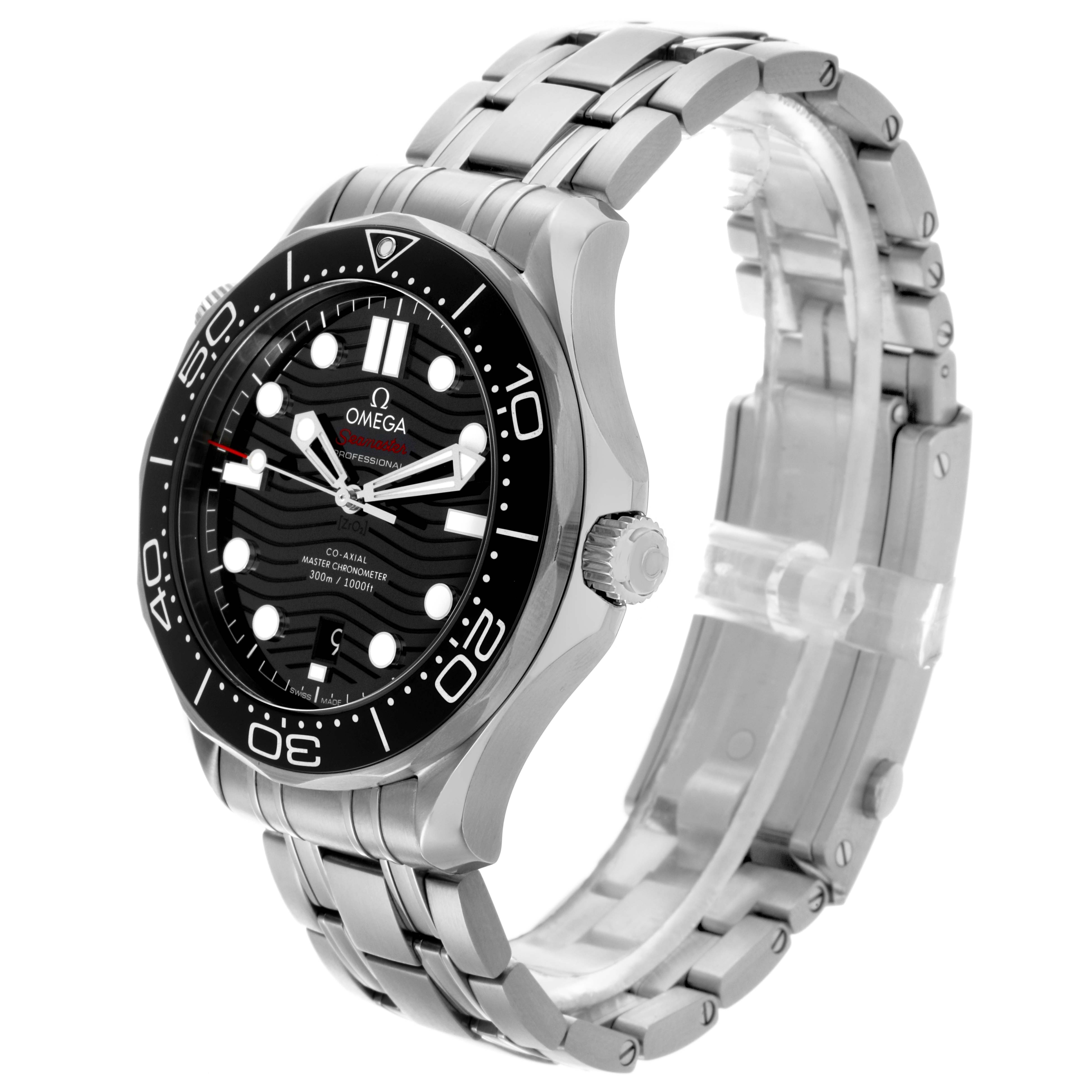 The Omega Seamaster 210.30.42.20.01.001 Men
s Stainless Steel Black Dial 210.30.42.20.01.001 Men
s Stainless Steel Black Dial watch is shown from a three-quarter angle, displaying the face, bezel, crown, and stainless steel bracelet.