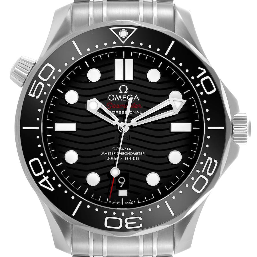 The Omega Seamaster watch is shown from a front angle, displaying the face, bezel, crown, and part of the bracelet.