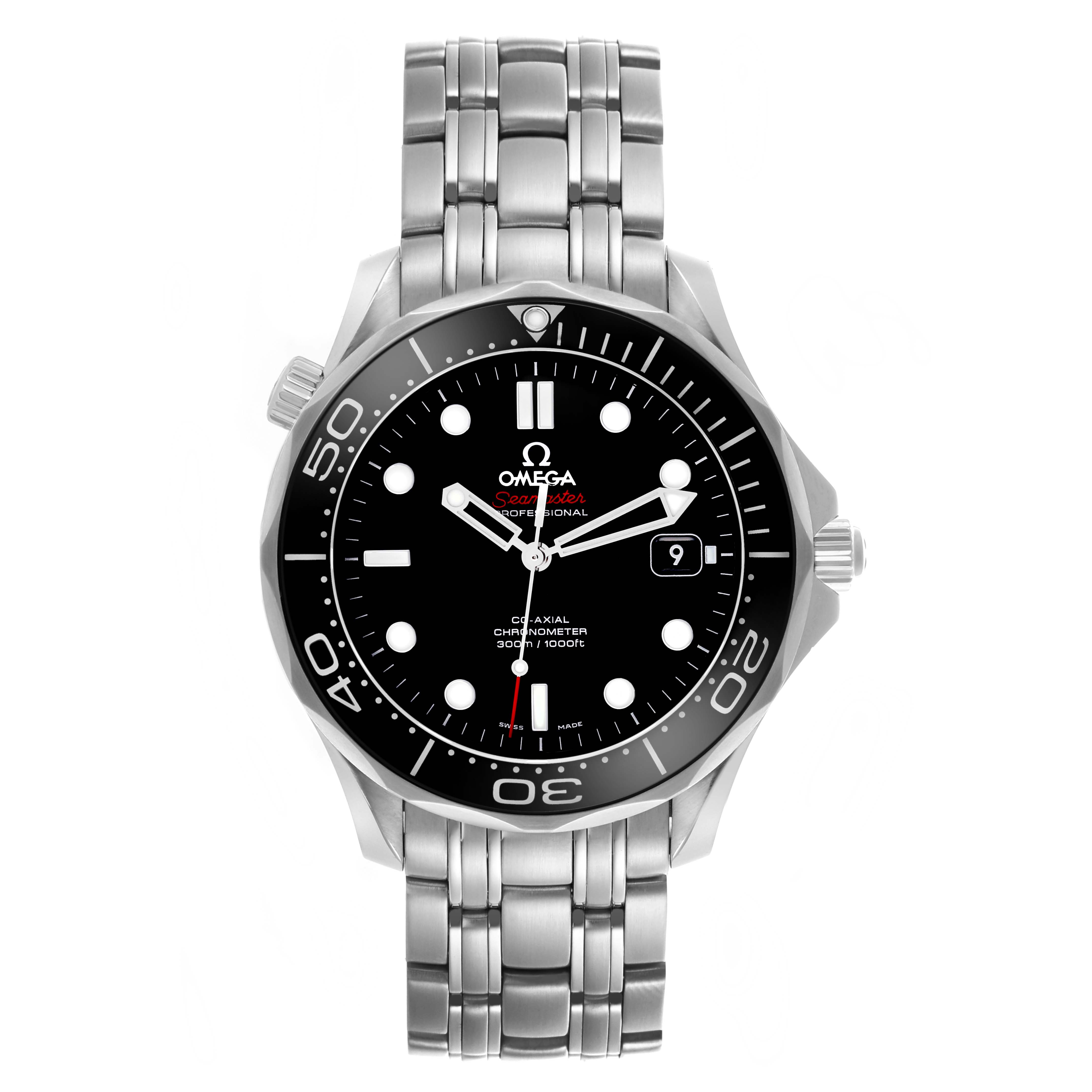 The Omega Seamaster 212.30.41.20.01.003 Men
s Stainless Steel Black Dial 212.30.41.20.01.003 Men
s Stainless Steel Black Dial watch is shown from a front angle, displaying its face, bezel, bracelet, and crown.