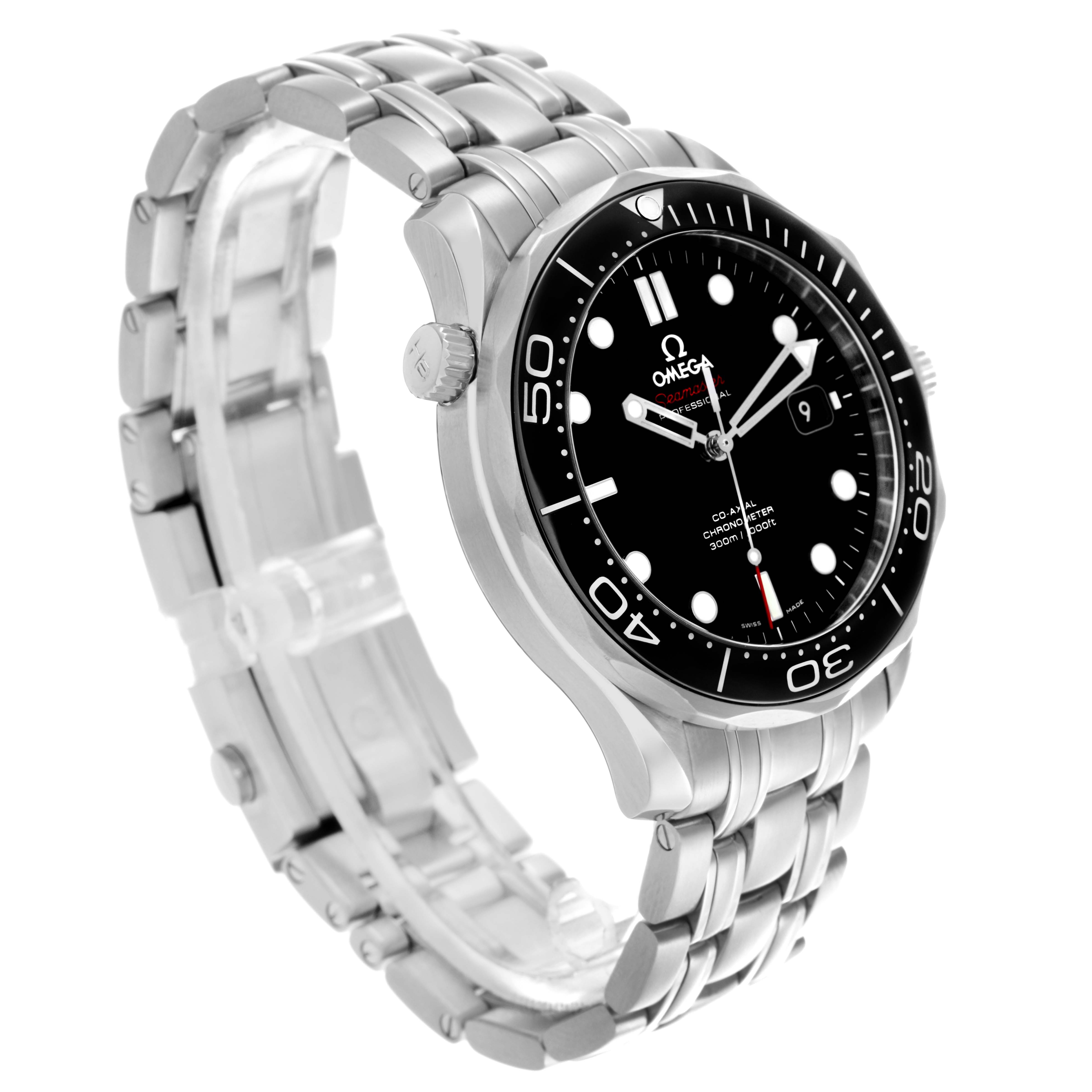 The Omega Seamaster 212.30.41.20.01.003 Men
s Stainless Steel Black Dial 212.30.41.20.01.003 Men
s Stainless Steel Black Dial watch is shown at an angled side view, displaying the dial, bracelet, and bezel.