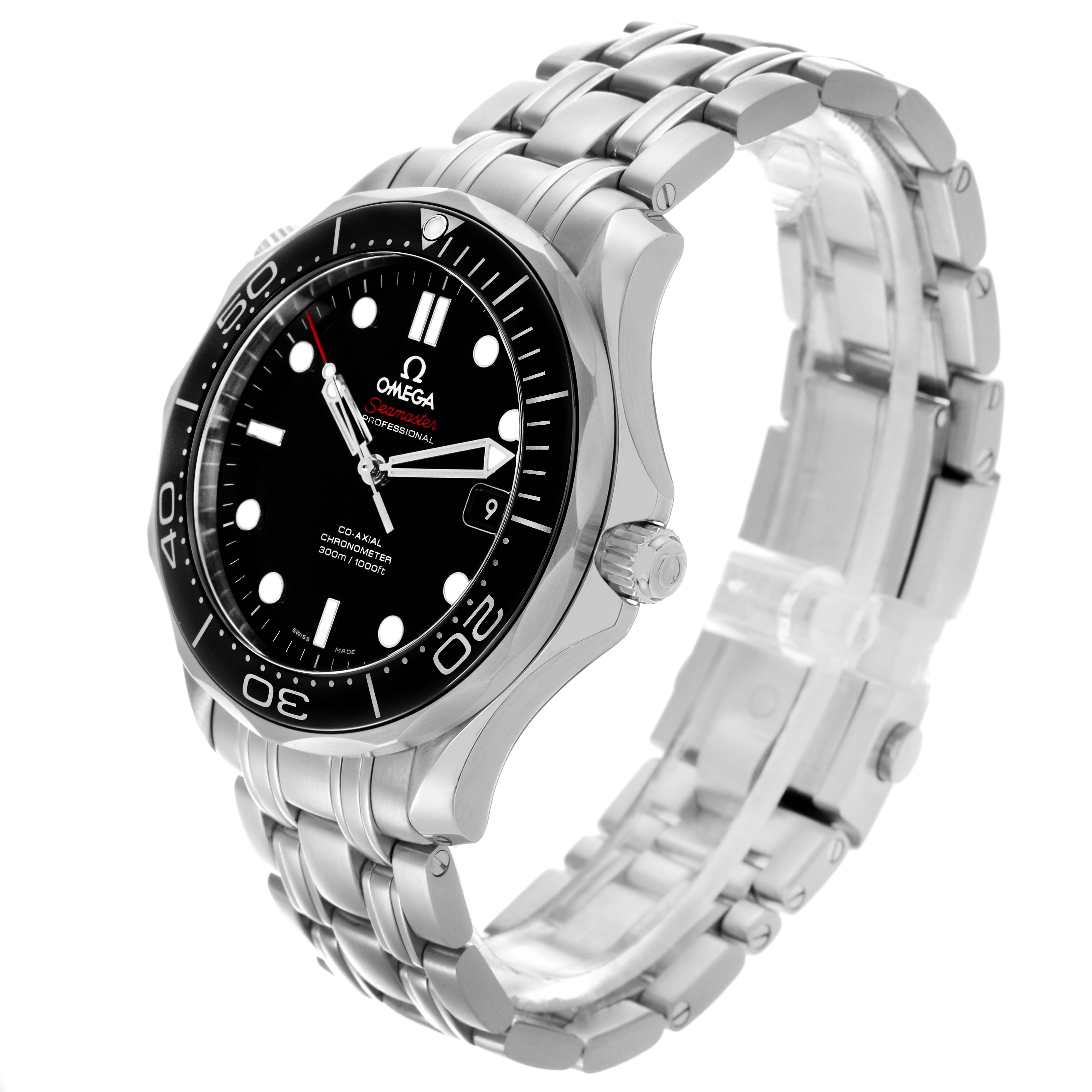 The Omega Seamaster 212.30.41.20.01.003 Men
s Stainless Steel Black Dial 212.30.41.20.01.003 Men
s Stainless Steel Black Dial watch is shown at a three-quarter angle, displaying its face, bezel, crown, and metal bracelet.