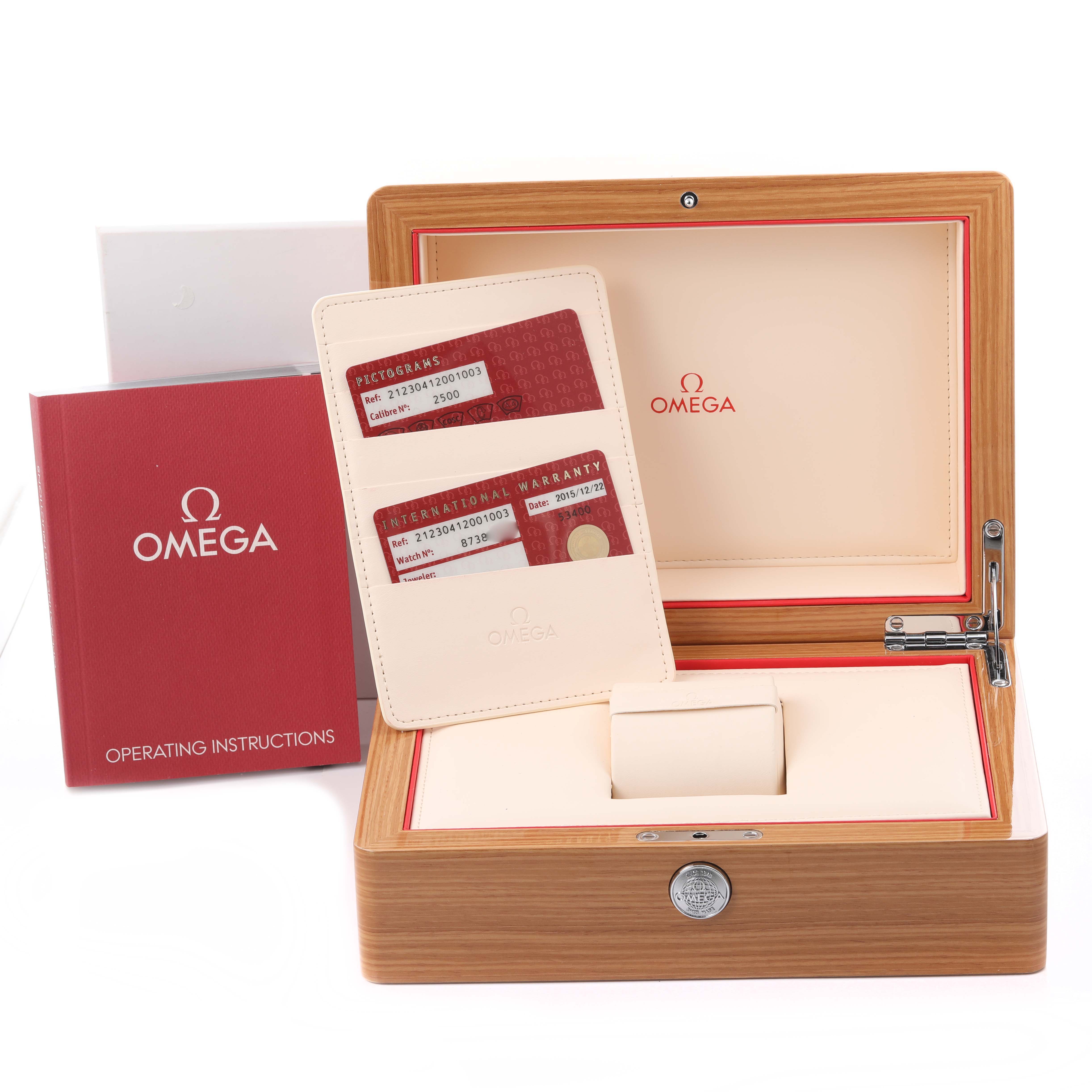 The image shows an Omega Seamaster 212.30.41.20.01.003 Men
s Stainless Steel Black Dial 212.30.41.20.01.003 Men
s Stainless Steel Black Dial watch box, warranty cards, and an operating instructions booklet from a front angle.