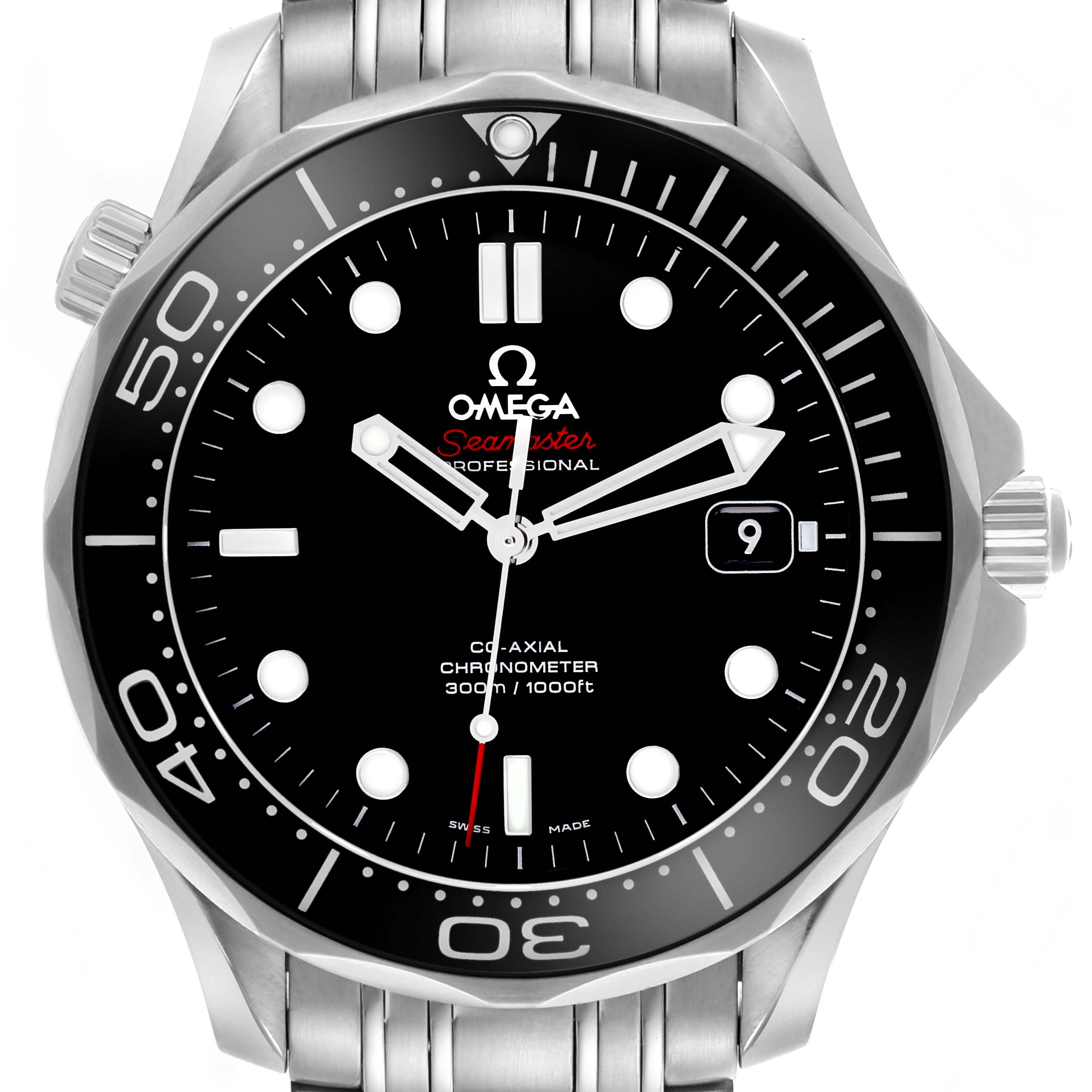 The image shows a front view of the Omega Seamaster 212.30.41.20.01.003 Men
s Stainless Steel Black Dial 212.30.41.20.01.003 Men
s Stainless Steel Black Dial watch, highlighting the black dial, bezel, and stainless steel bracelet.