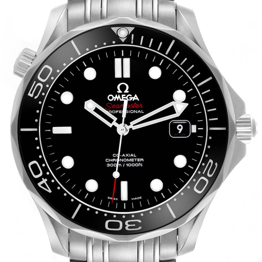 The image shows a front view of the Omega Seamaster watch, highlighting the black dial, bezel, and stainless steel bracelet.