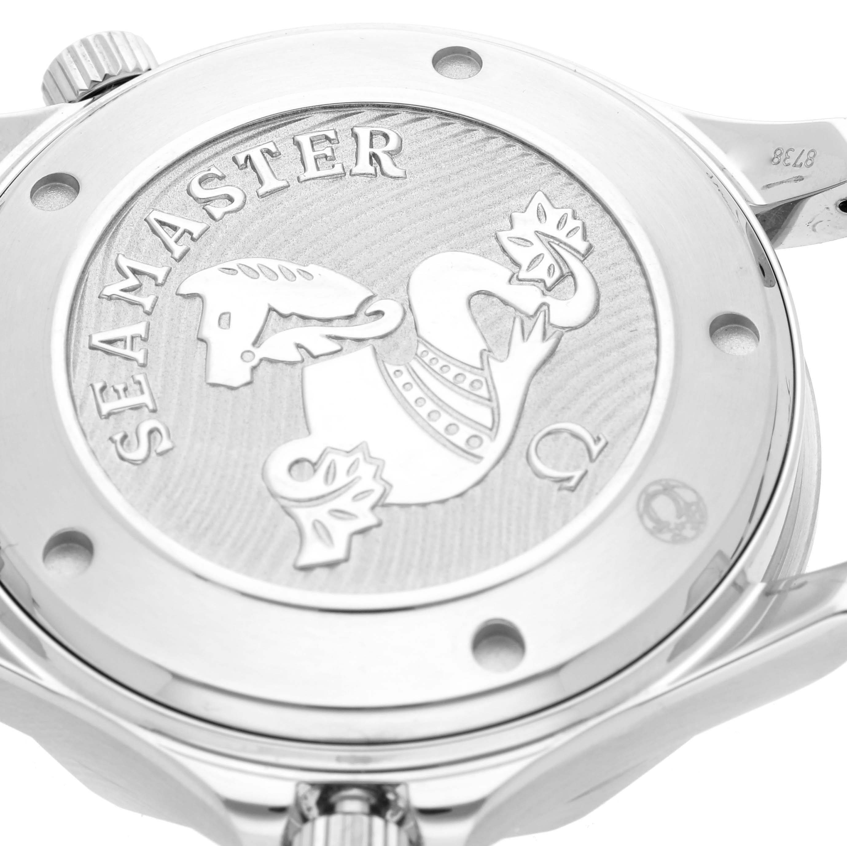 The image shows the case back of the Omega Seamaster 212.30.41.20.01.003 Men
s Stainless Steel Black Dial 212.30.41.20.01.003 Men
s Stainless Steel Black Dial watch, featuring the engraved logo.