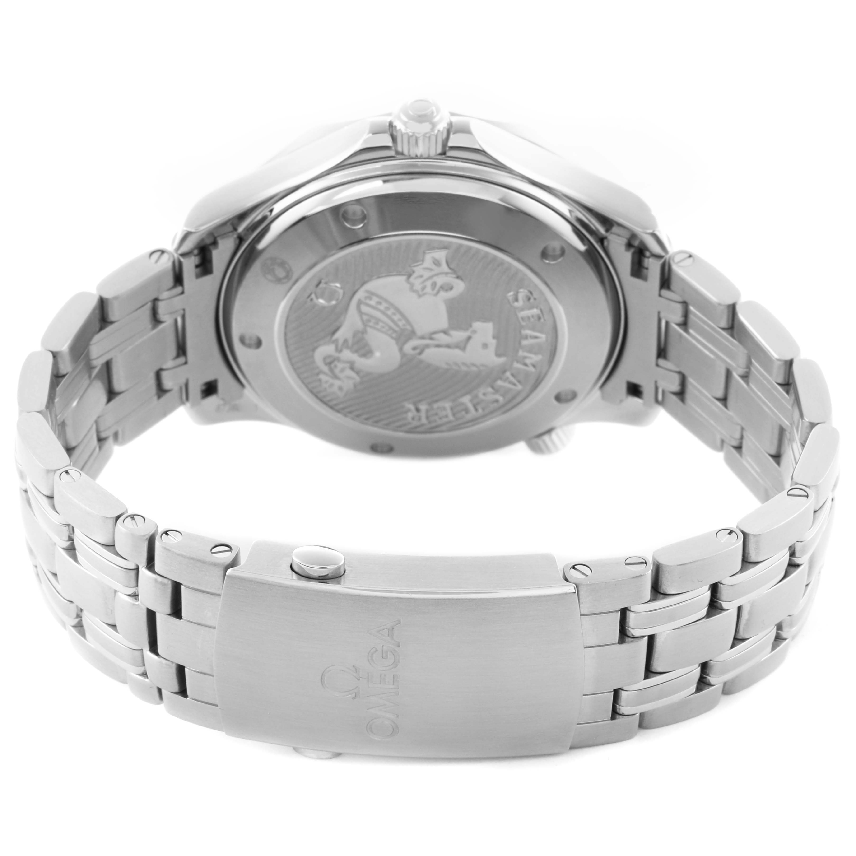 The Omega Seamaster 212.30.41.20.01.003 Men
s Stainless Steel Black Dial 212.30.41.20.01.003 Men
s Stainless Steel Black Dial watch is shown from the back, highlighting the case back and metal bracelet with the brand
s logo on the clasp.