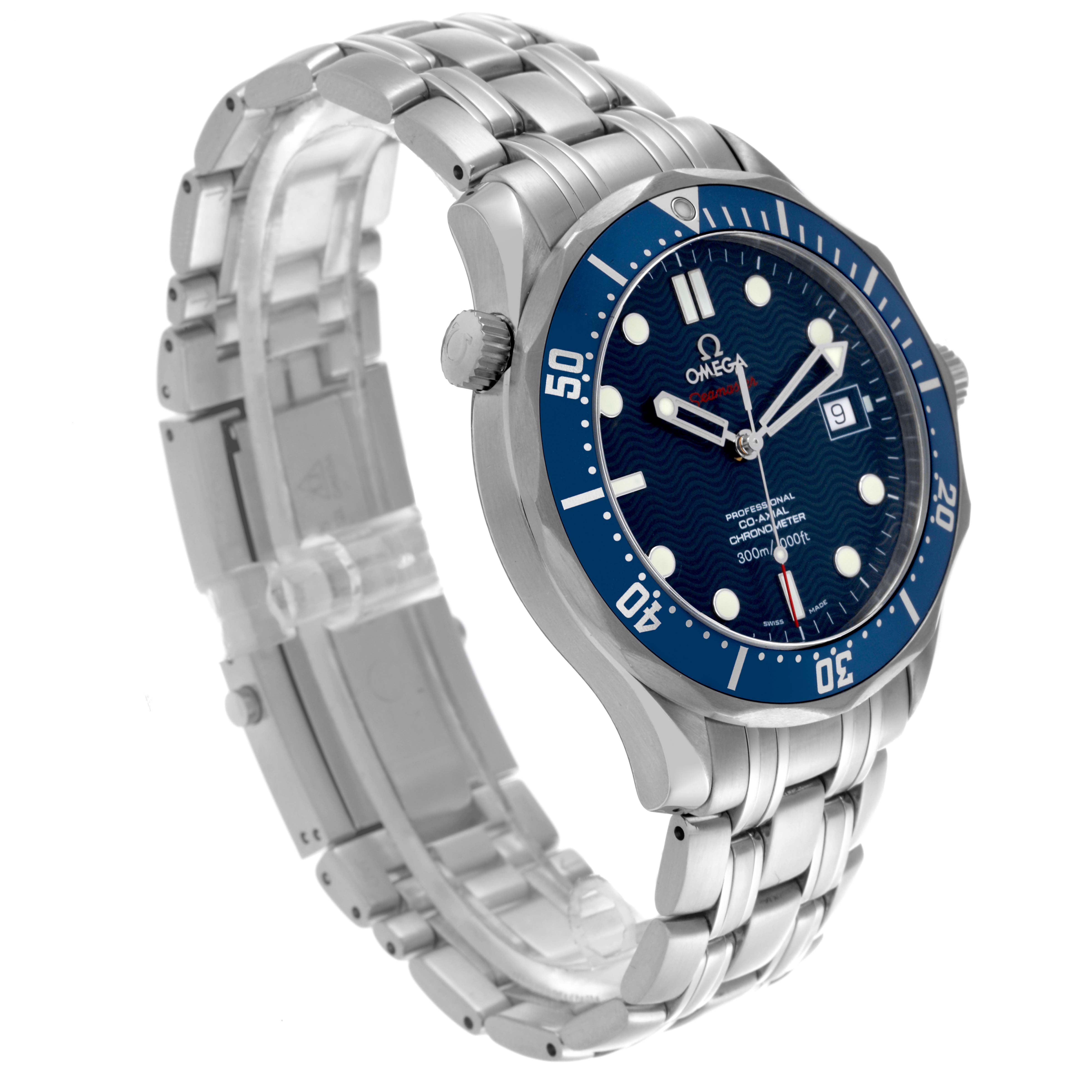 The Omega Seamaster 2220.80.00 Men
s Stainless Steel Blue Dial 2220.80.00 Men
s Stainless Steel Blue Dial watch is shown at a slight side angle, highlighting the face, bezel, and metal bracelet.