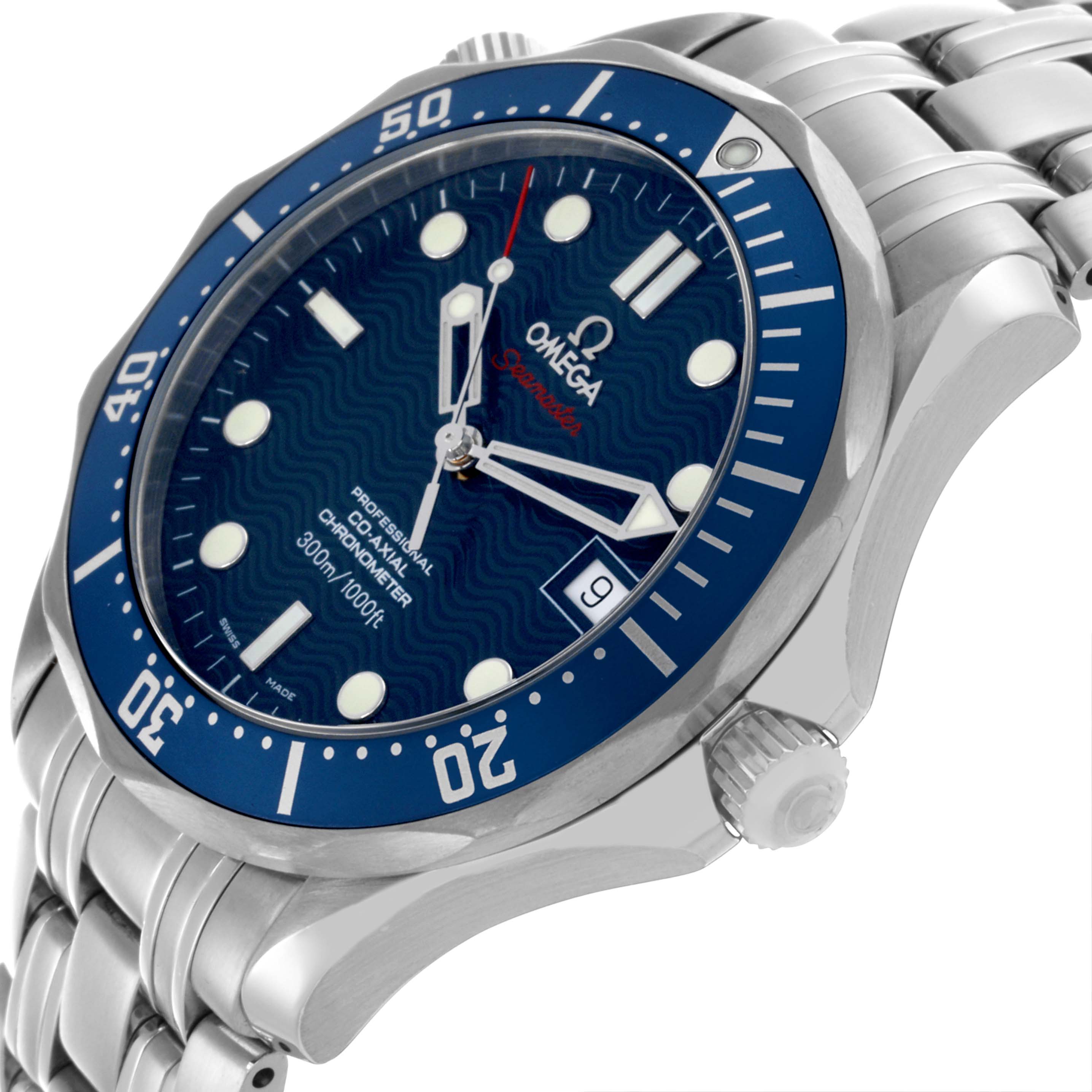 The Omega Seamaster 2220.80.00 Men
s Stainless Steel Blue Dial 2220.80.00 Men
s Stainless Steel Blue Dial watch is shown from a slightly angled side view, highlighting the bezel, dial, crown, and part of the bracelet.