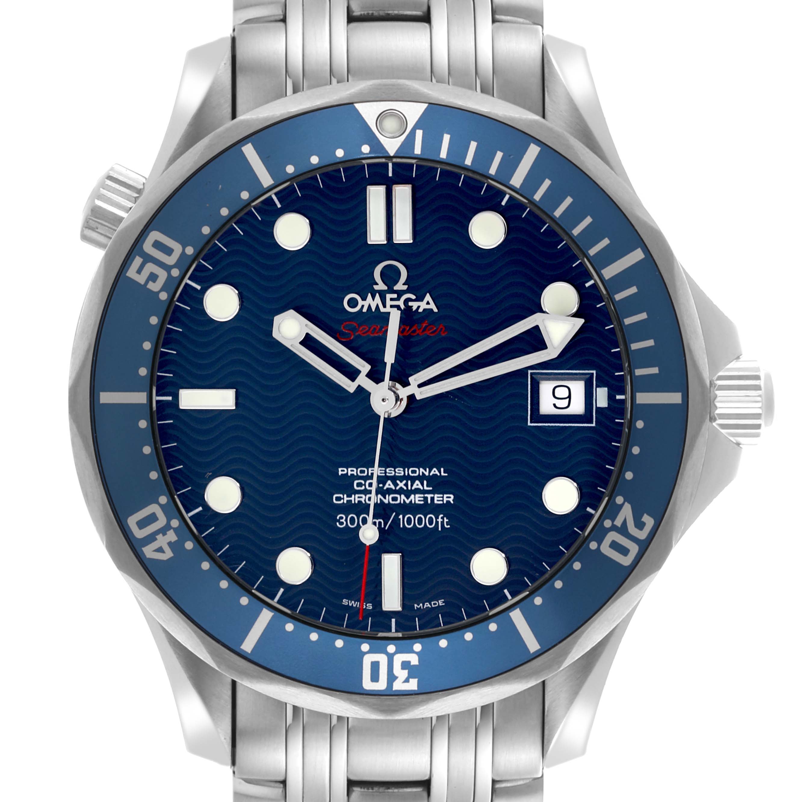 The Omega Seamaster 2220.80.00 Men
s Stainless Steel Blue Dial 2220.80.00 Men
s Stainless Steel Blue Dial watch is shown from a front view, displaying the dial, bezel, and partial bracelet.