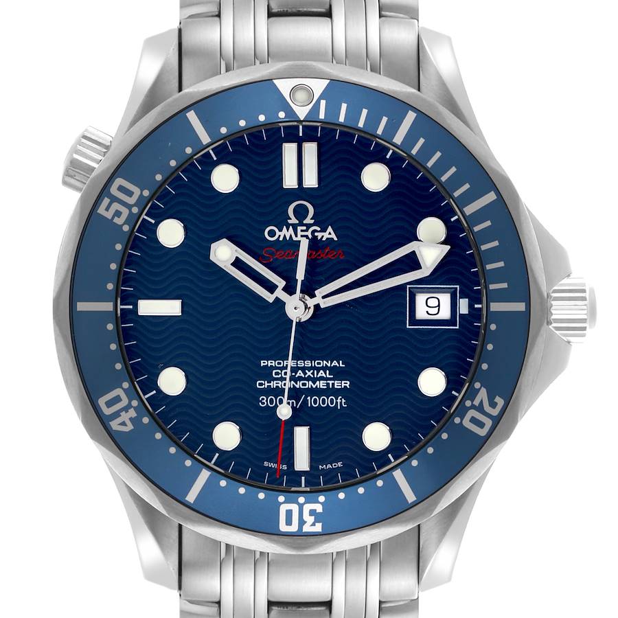 The Omega Seamaster watch is shown from a front view, displaying the dial, bezel, and partial bracelet.